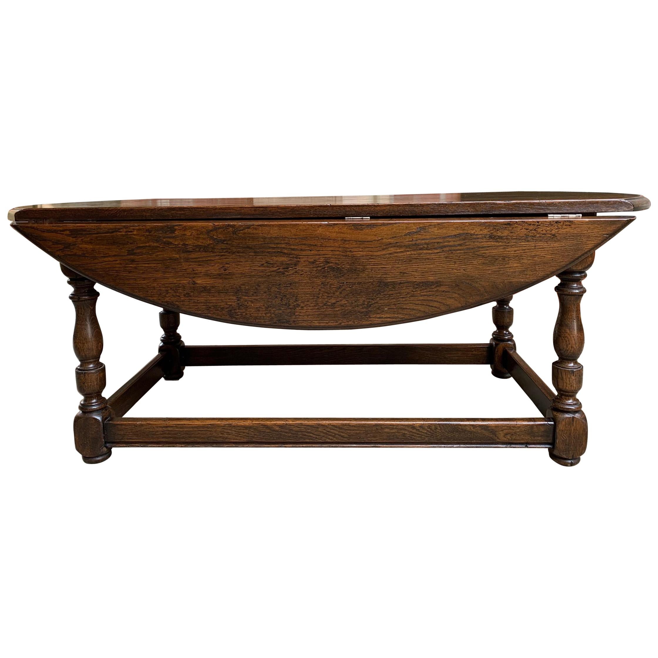 Vintage English Coffee Table Slender Drop-Leaf Jacobean Wake Table Style Oval