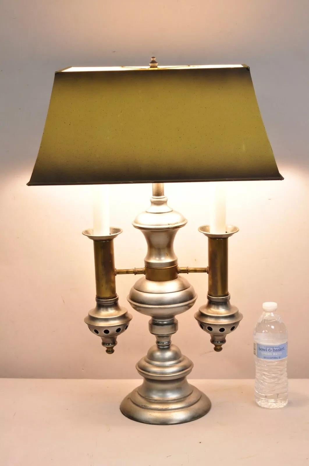 Vintage English Coloni Style Tole Metal Double Candle Student Desk Table Lamp with Pewter & Brass Finish & Mustard Yellow Shade. Circa Late 20th Century. Dimensions : 27