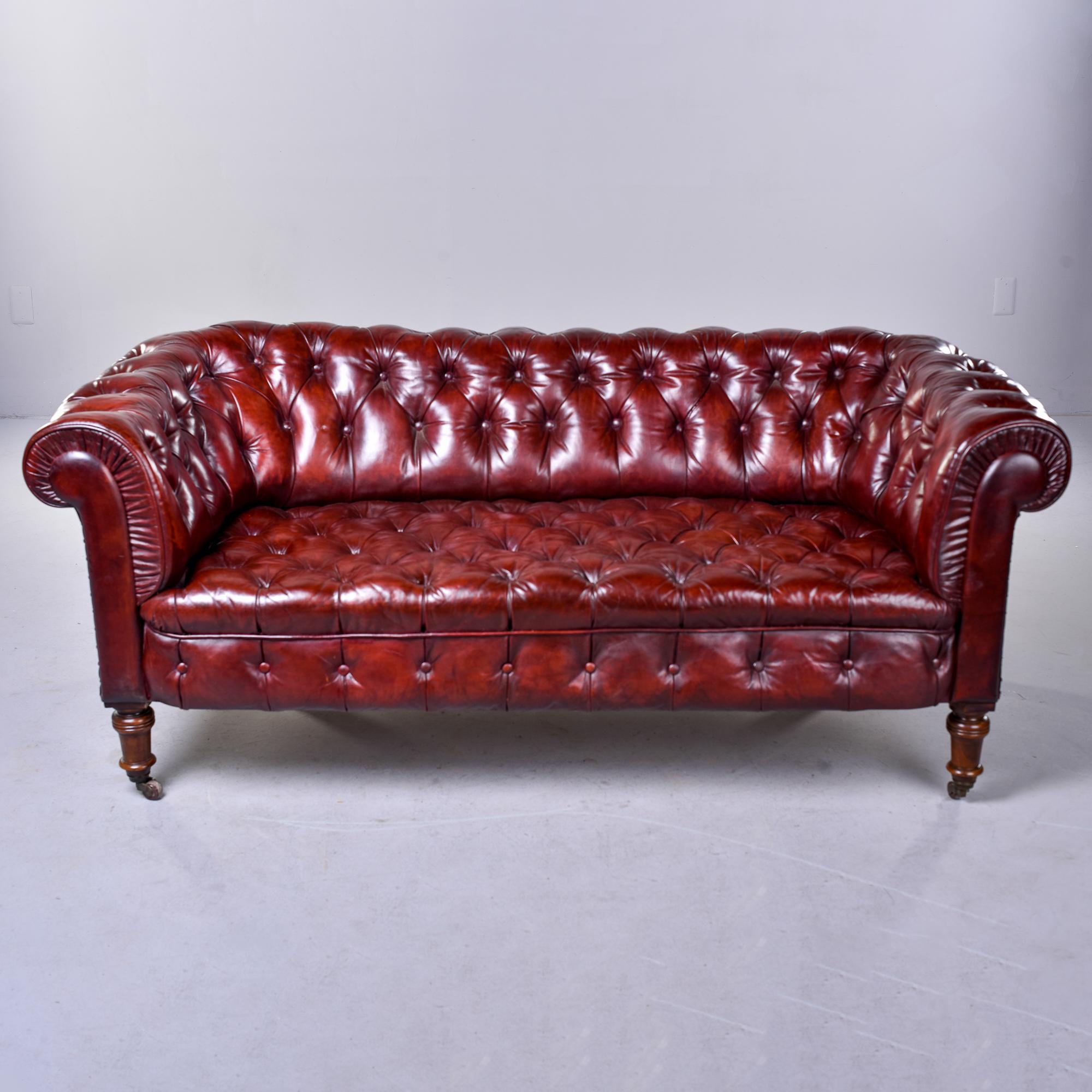 Found in England, this circa 1920’s cordovan colored leather chesterfield sofa features button tufting on the seat, backrest, and tops of the rolled arms. Front legs are turned wood; all four legs have original brass casters. Sofa is in very good