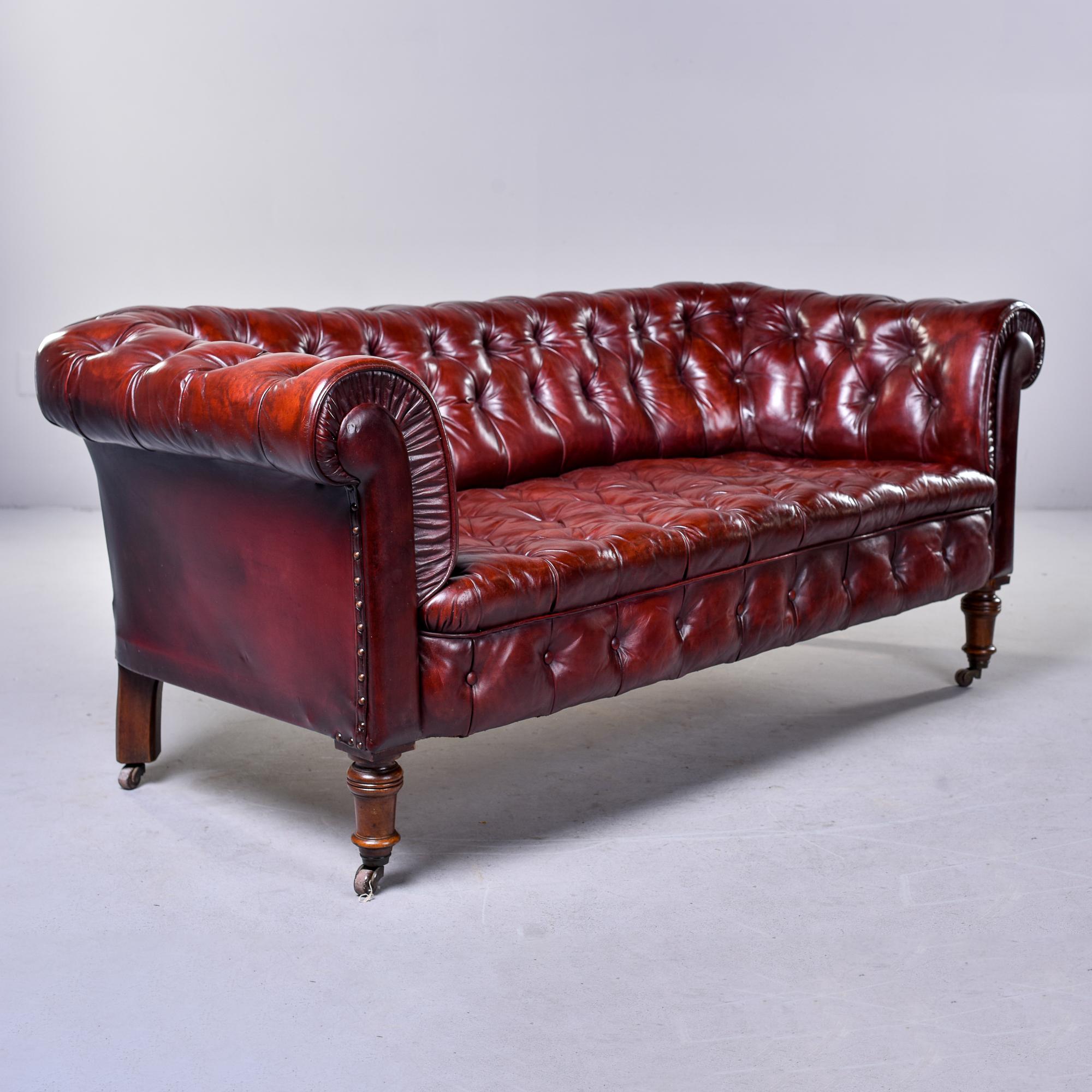 Vintage English Cordovan Leather Chesterfield Sofa In Good Condition In Troy, MI