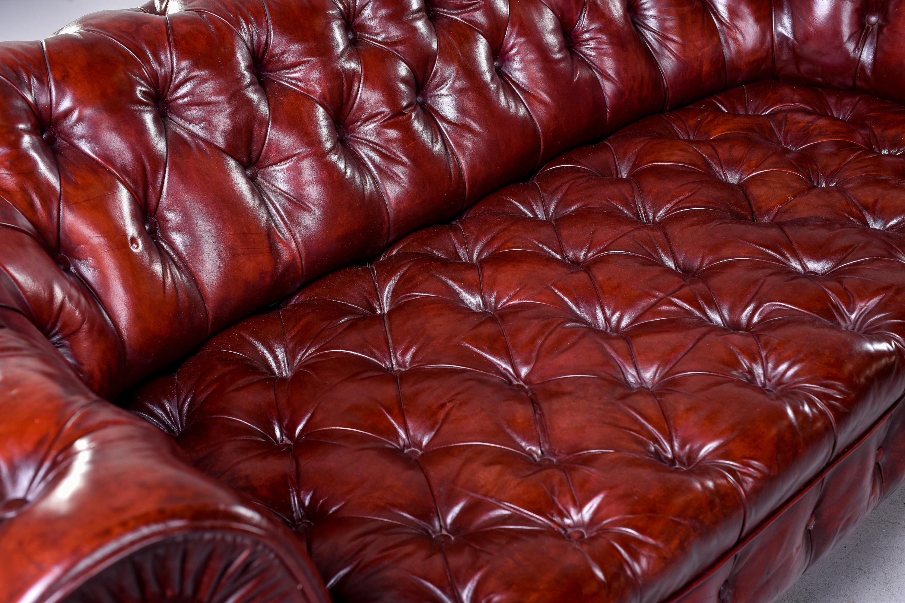 Brass Vintage English Cordovan Leather Chesterfield Sofa