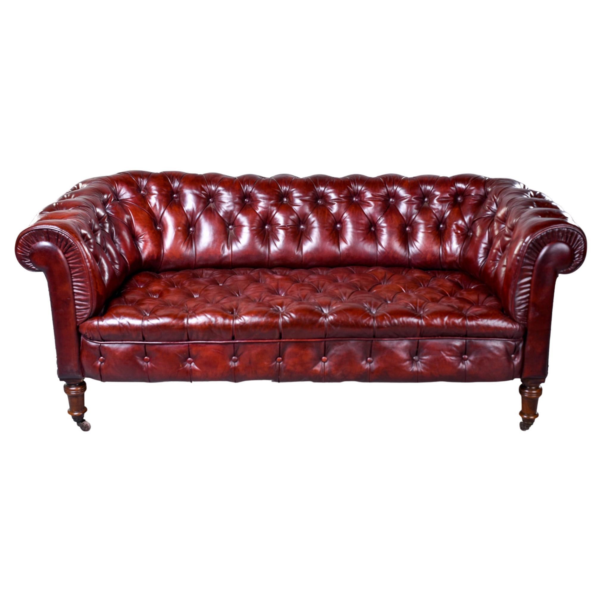 Vintage English Cordovan Leather Chesterfield Sofa