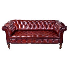 Antique English Cordovan Leather Chesterfield Sofa