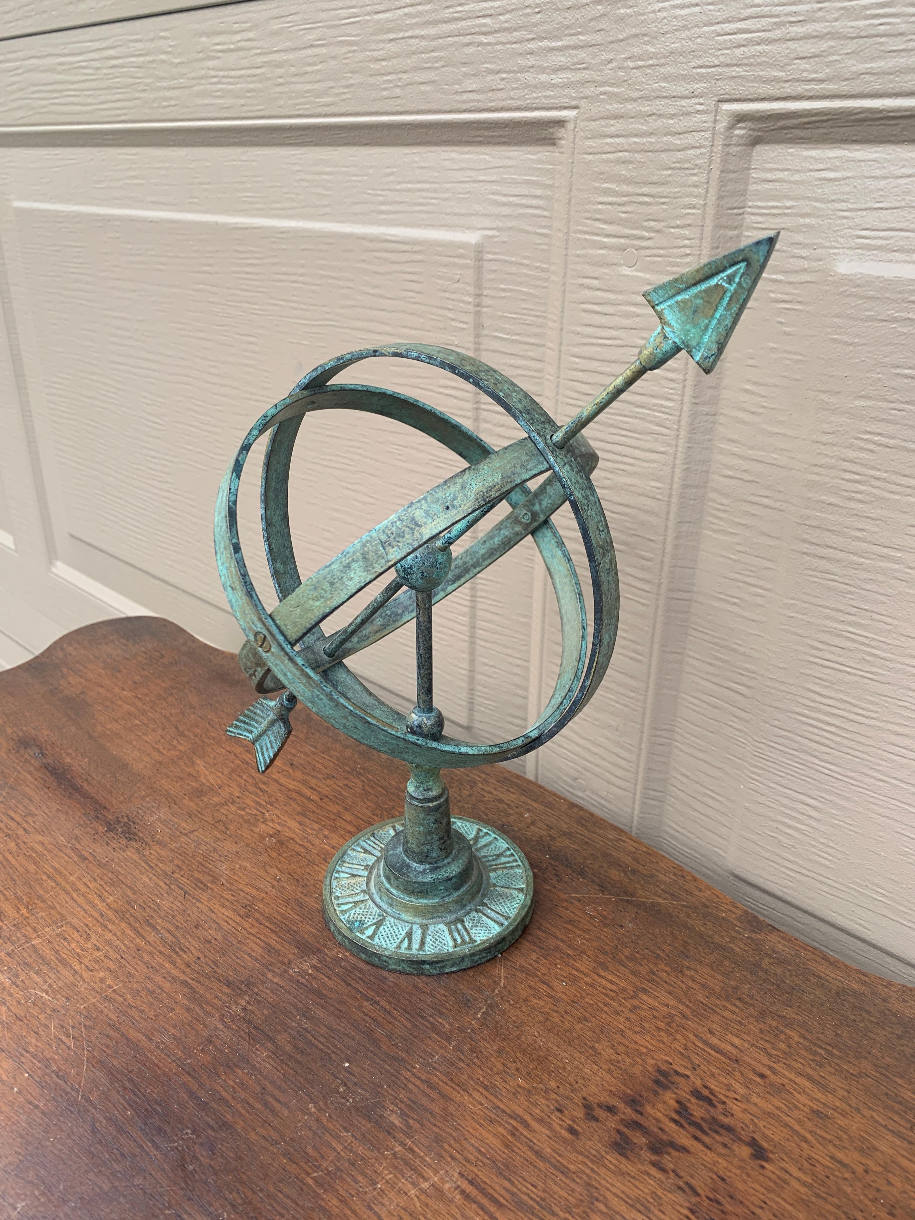 Neoclassical Vintage English Country Brass Verdigris Garden Armillary Sundial