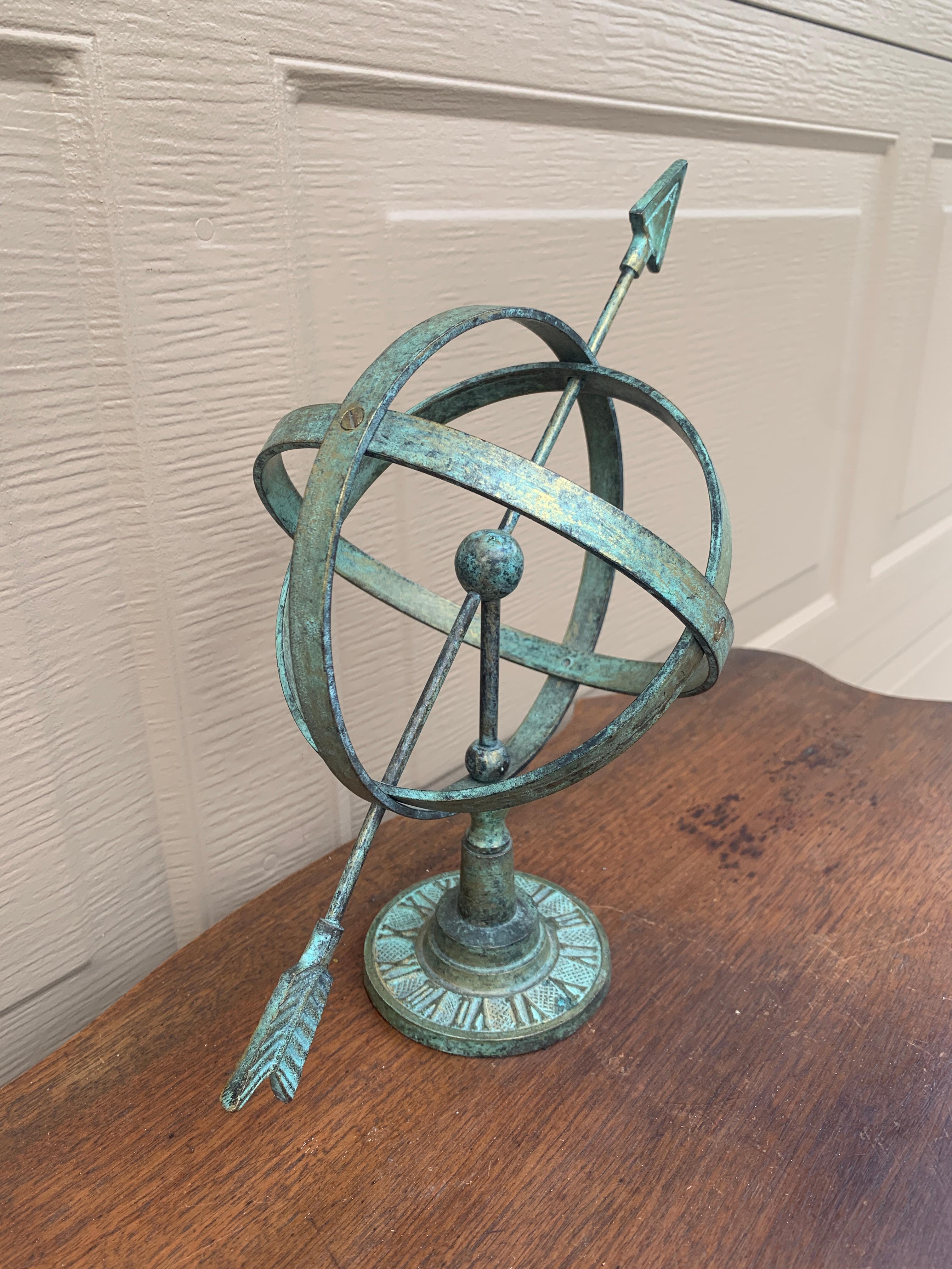 American Vintage English Country Brass Verdigris Garden Armillary Sundial