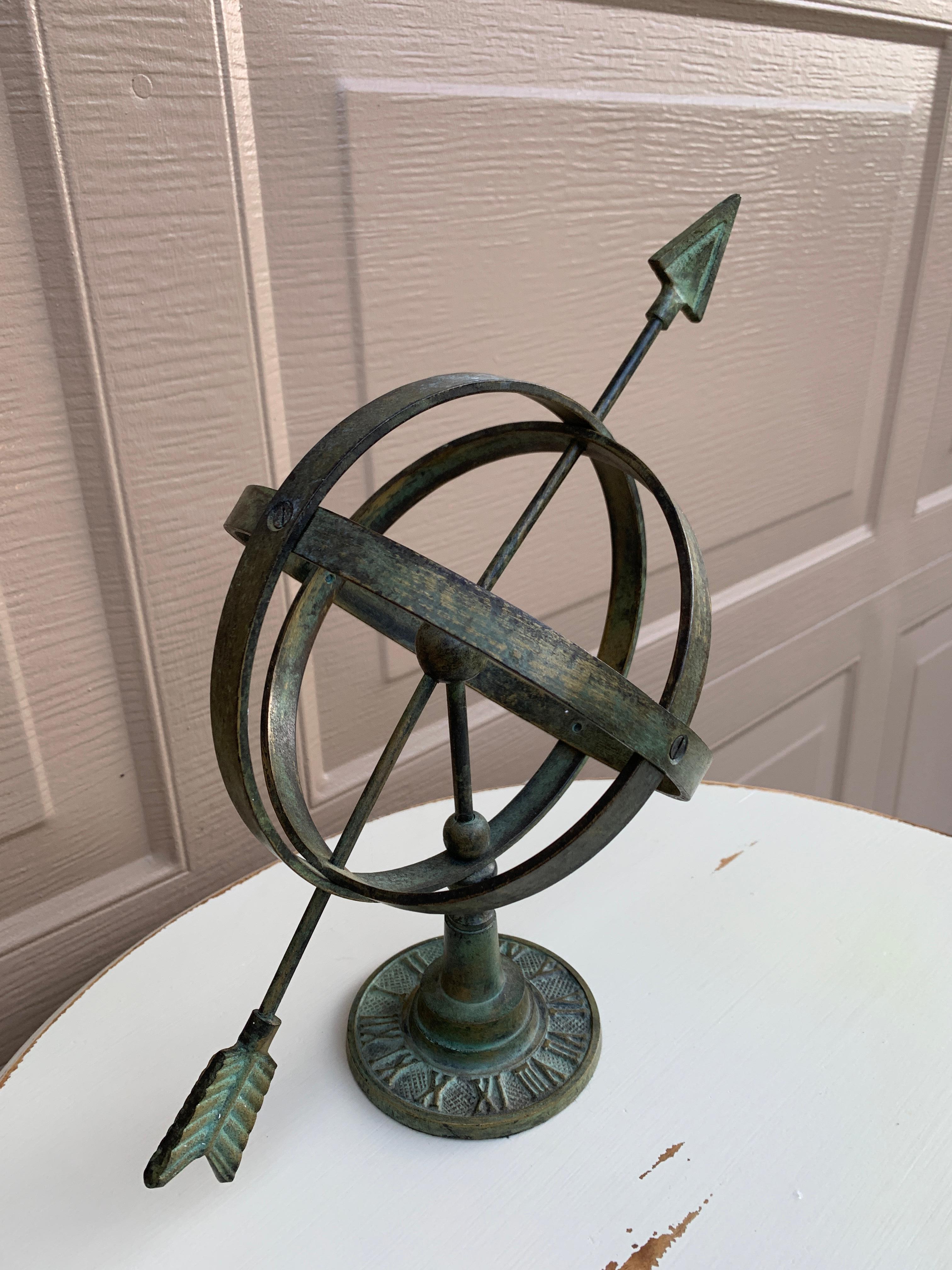 Americano Meridiana armillare da giardino vintage in ottone Verdigris in vendita