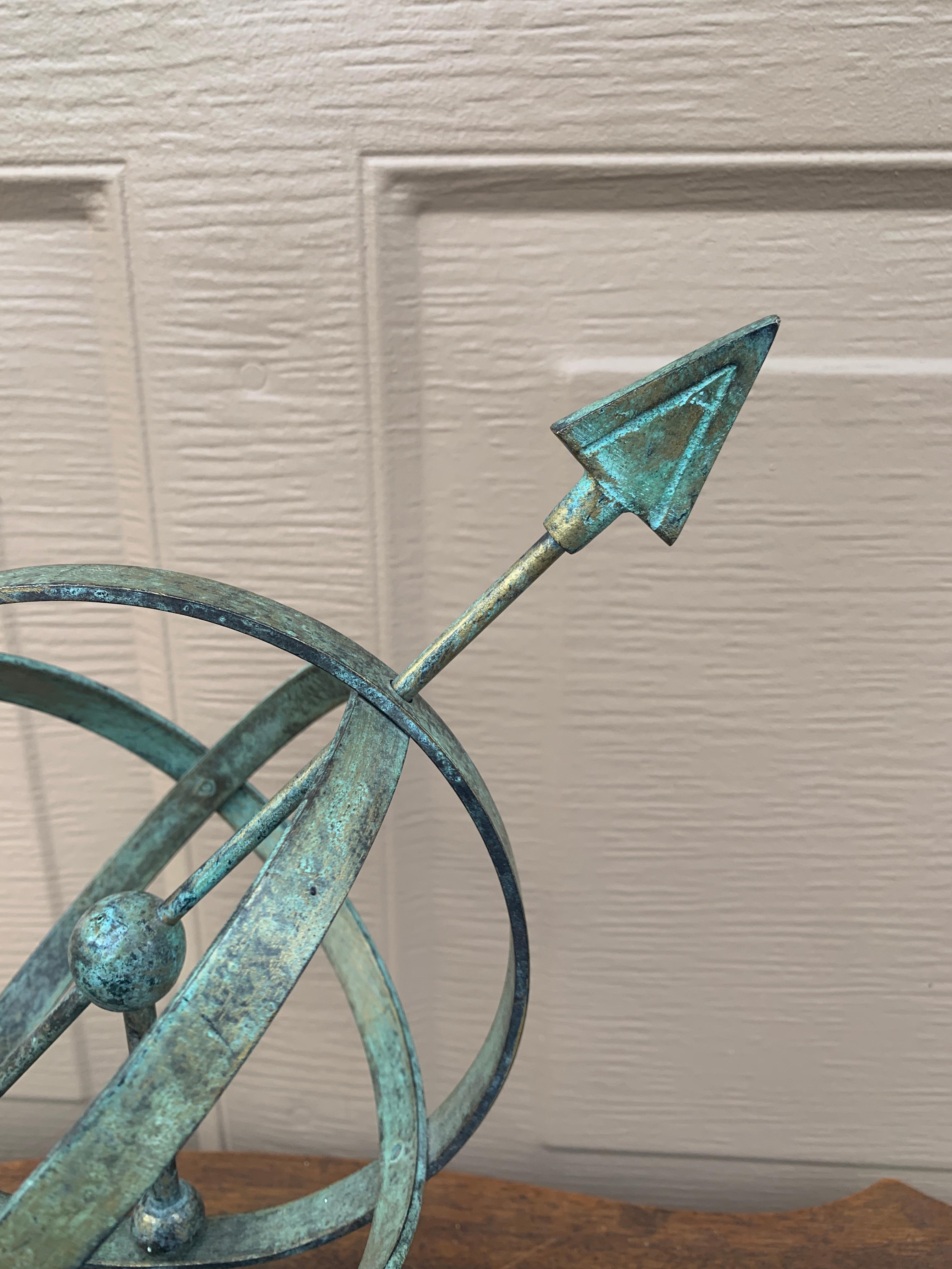 Vintage English Country Brass Verdigris Garden Armillary Sundial In Good Condition In Elkhart, IN