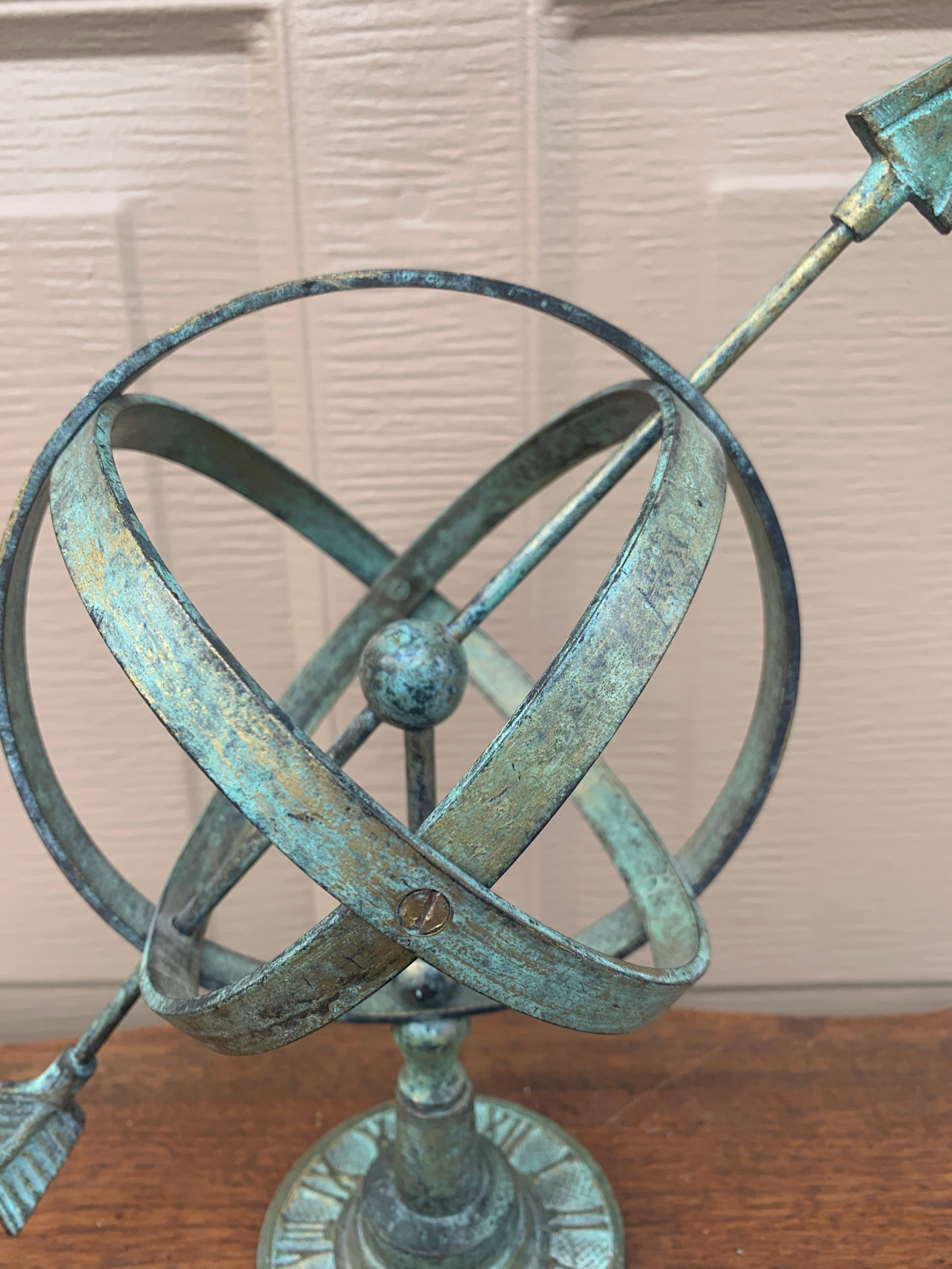 20th Century Vintage English Country Brass Verdigris Garden Armillary Sundial