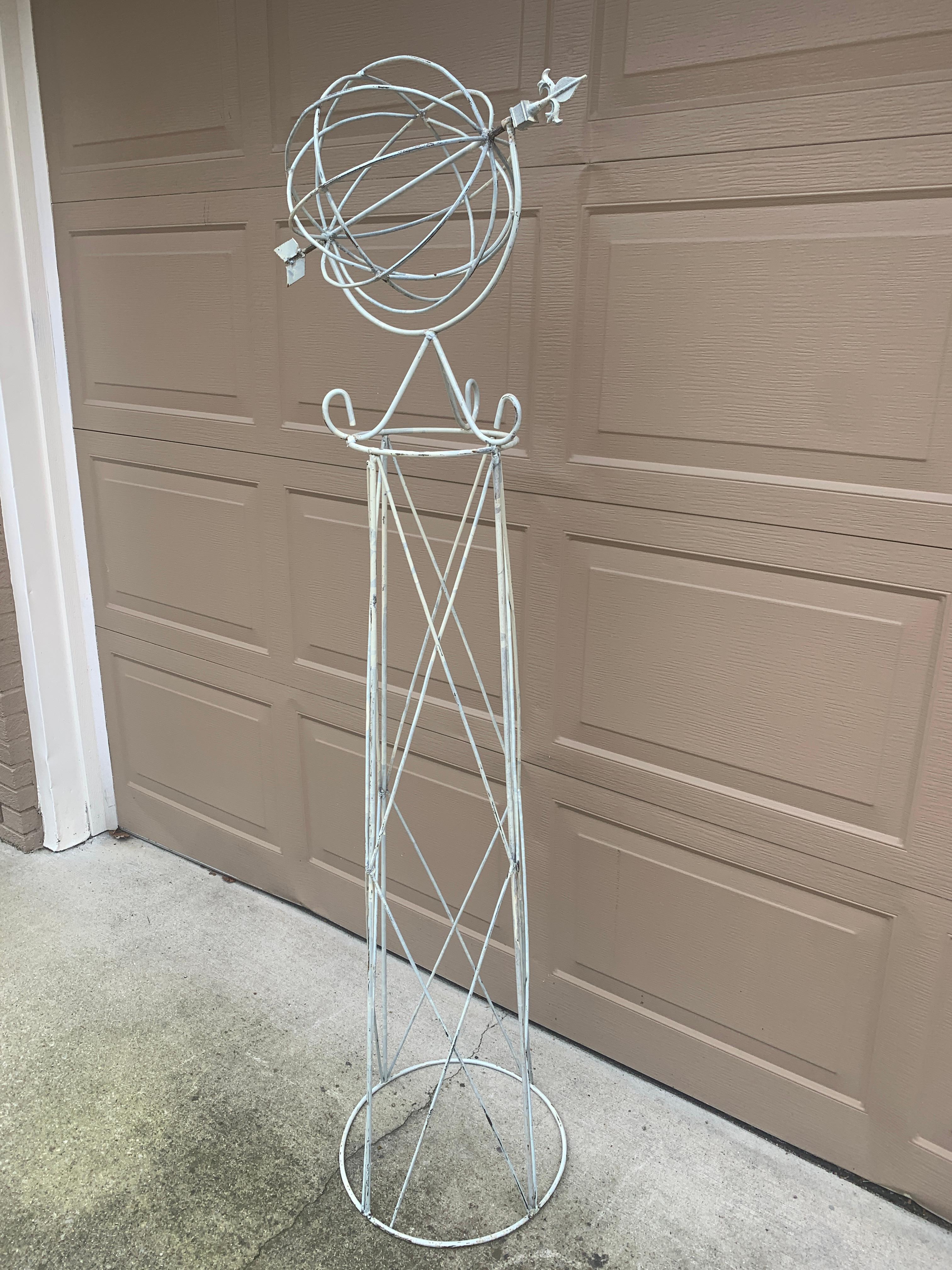 American Vintage English Country Classical White Wrought Iron Garden Armillary Sundial For Sale