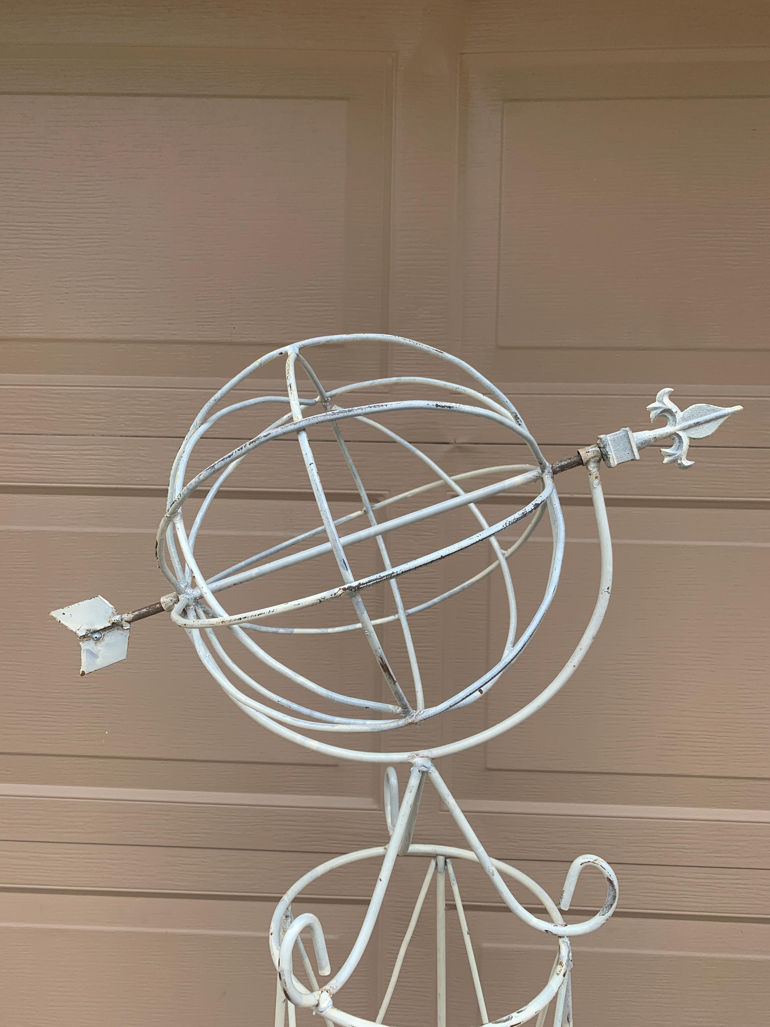 20th Century Vintage English Country Classical White Wrought Iron Garden Armillary Sundial For Sale