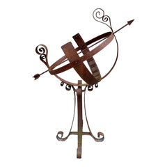 Vintage English Country Classical Wrought Iron Garden Armillary Sundial on Stand