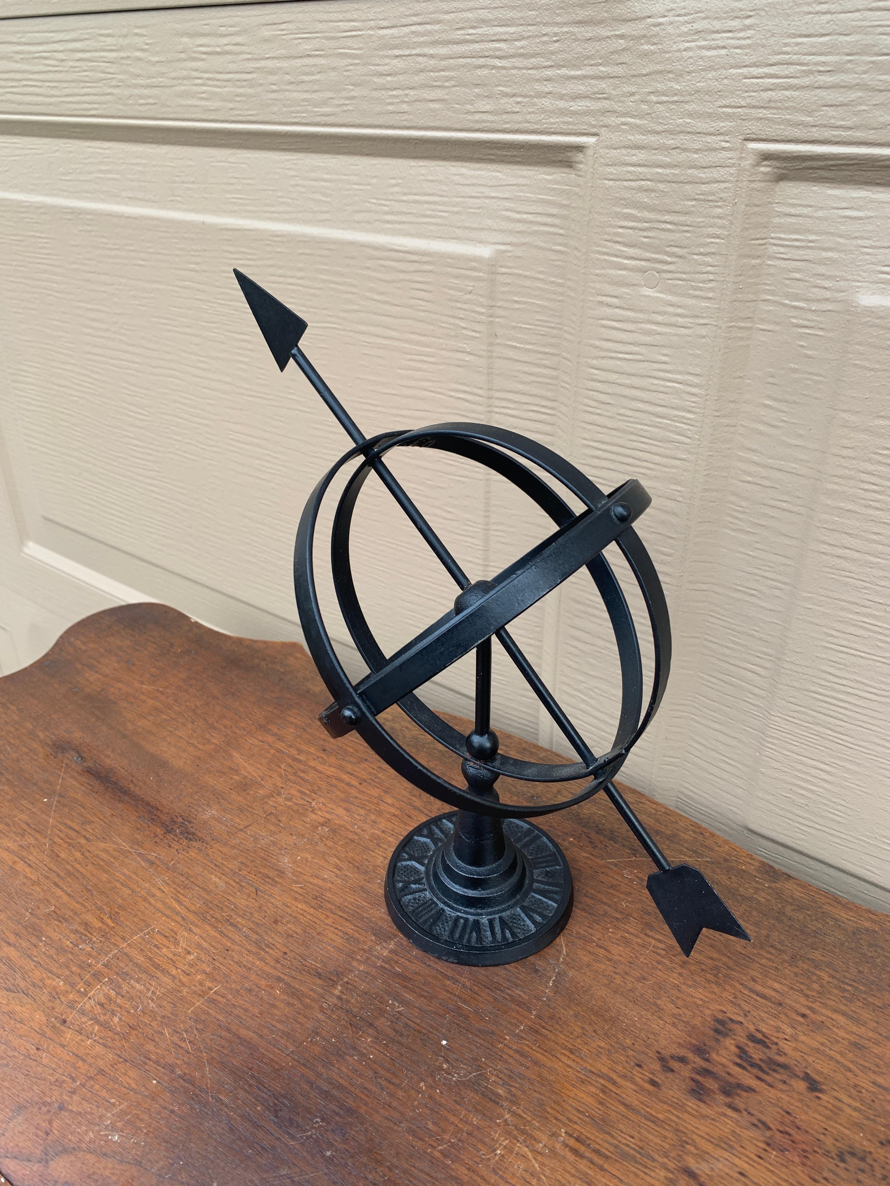 Neoclassical Vintage English Country Iron Black Garden Armillary Sundial For Sale