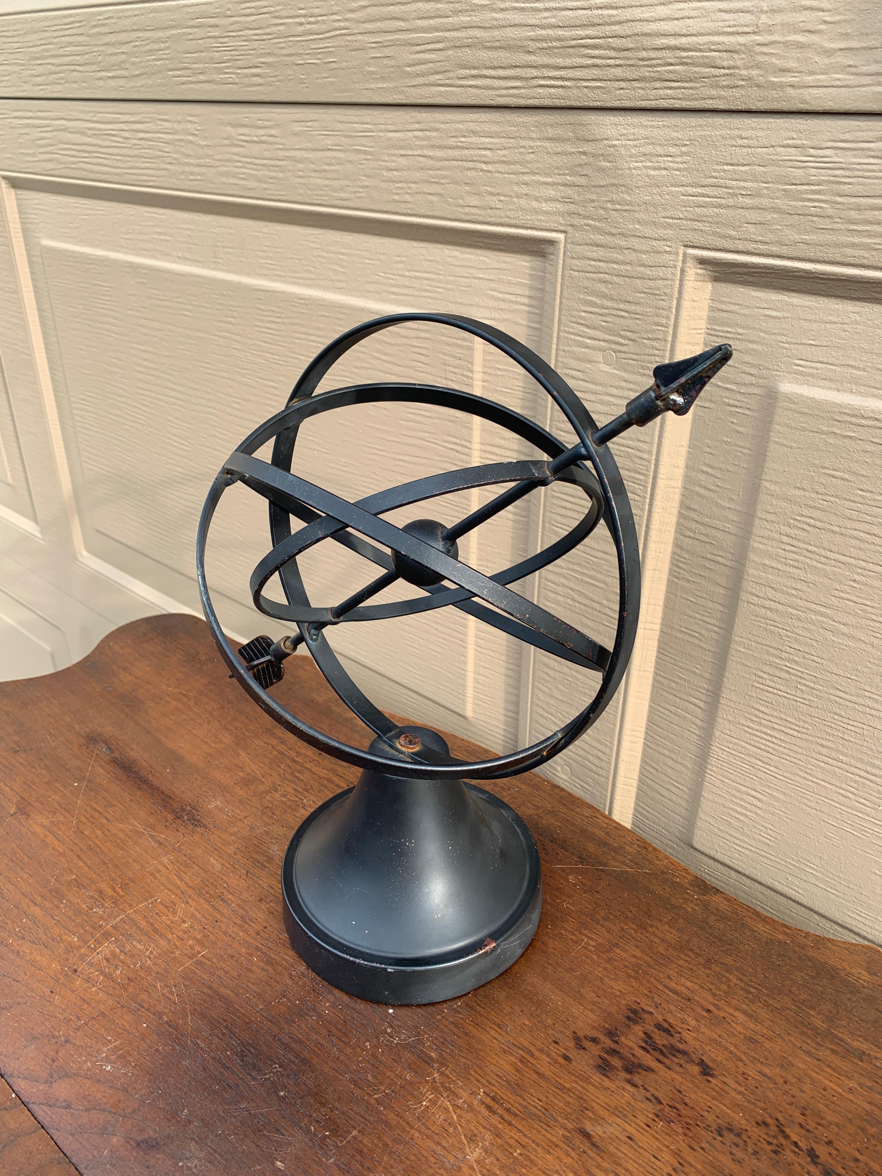 Neoclassical Vintage English Country Iron Black Garden Armillary Sundial For Sale