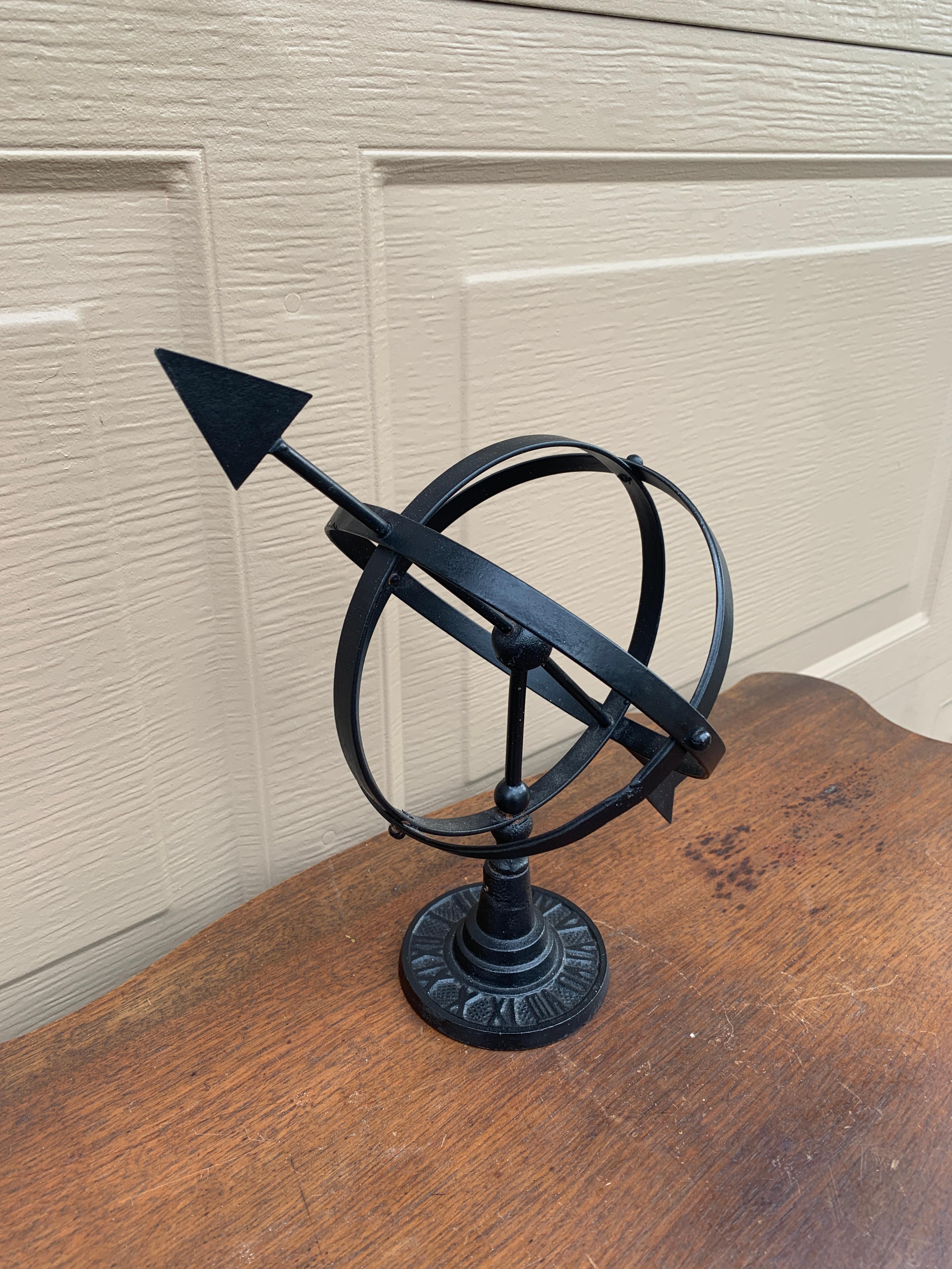 American Vintage English Country Iron Black Garden Armillary Sundial For Sale