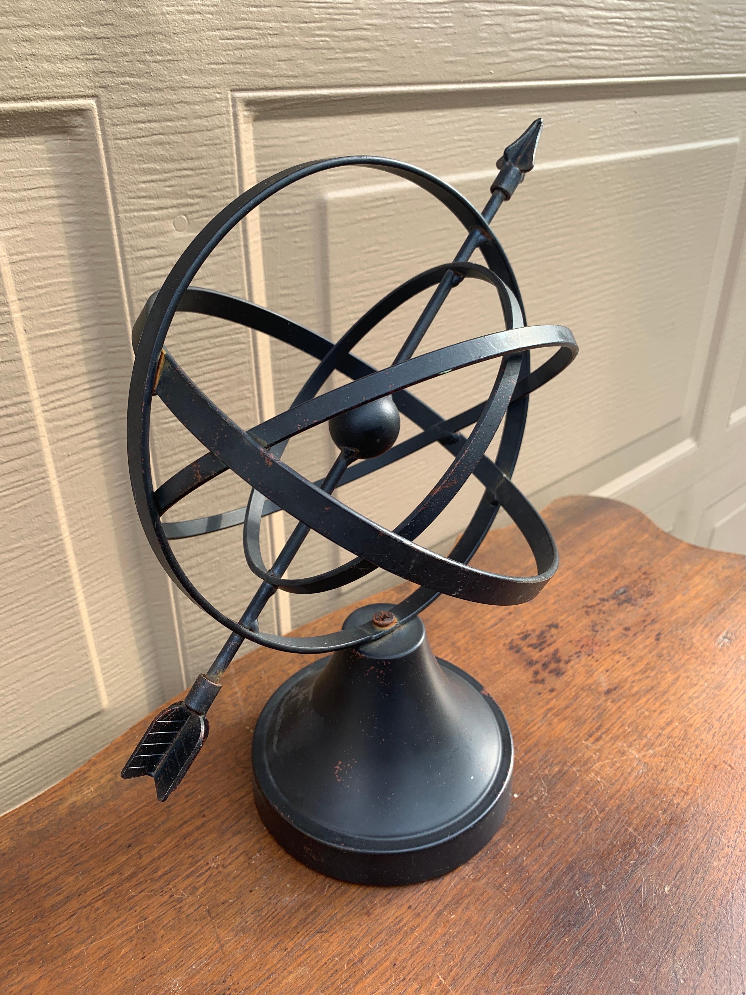 American Vintage English Country Iron Black Garden Armillary Sundial For Sale