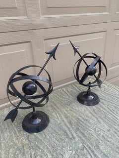 Vintage English Country Iron Bronze Garden Armillary Sundials, Pair