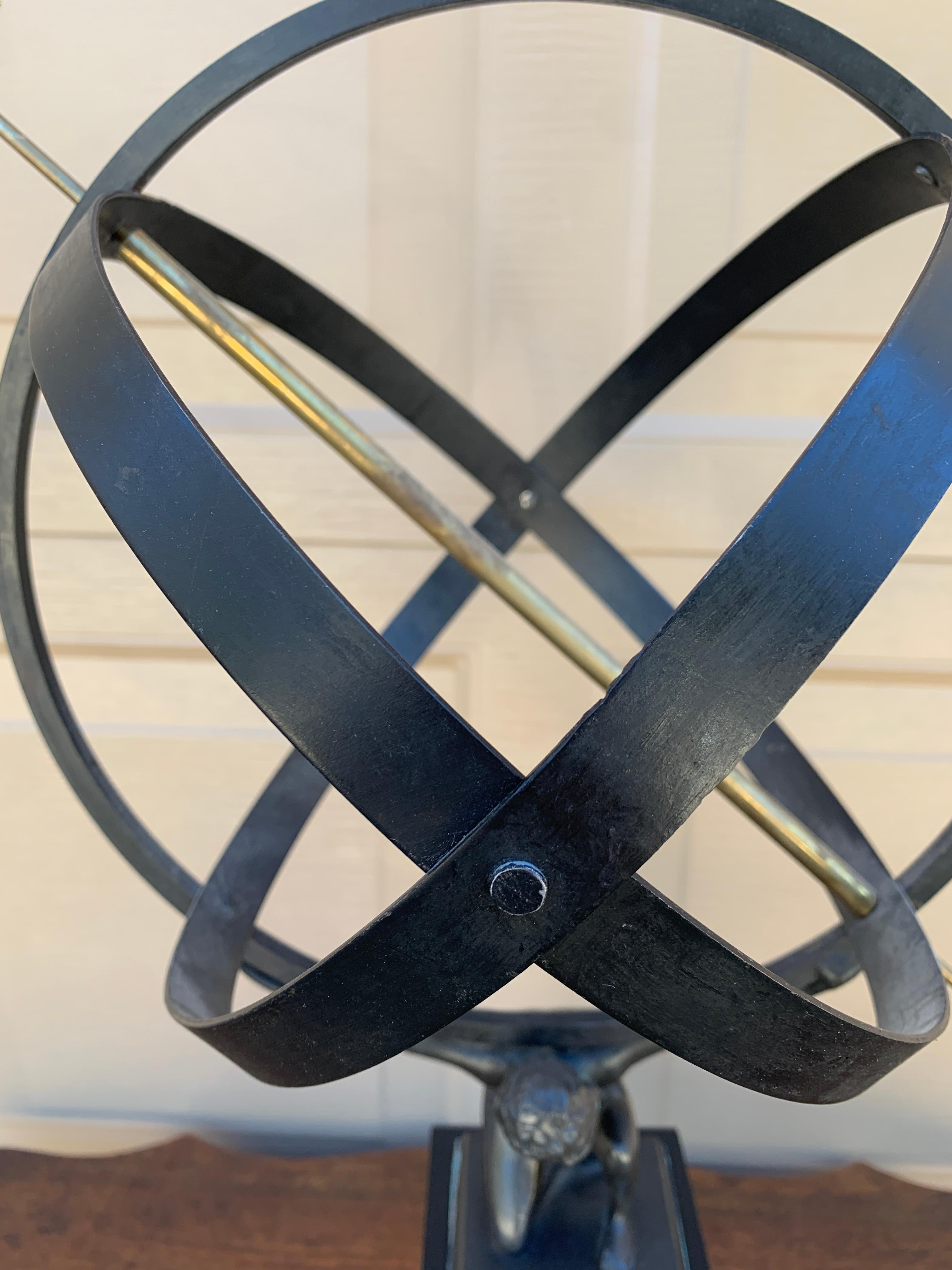 Vintage English Country Iron Garden Armillary Sundial Held by Atlas For Sale 4