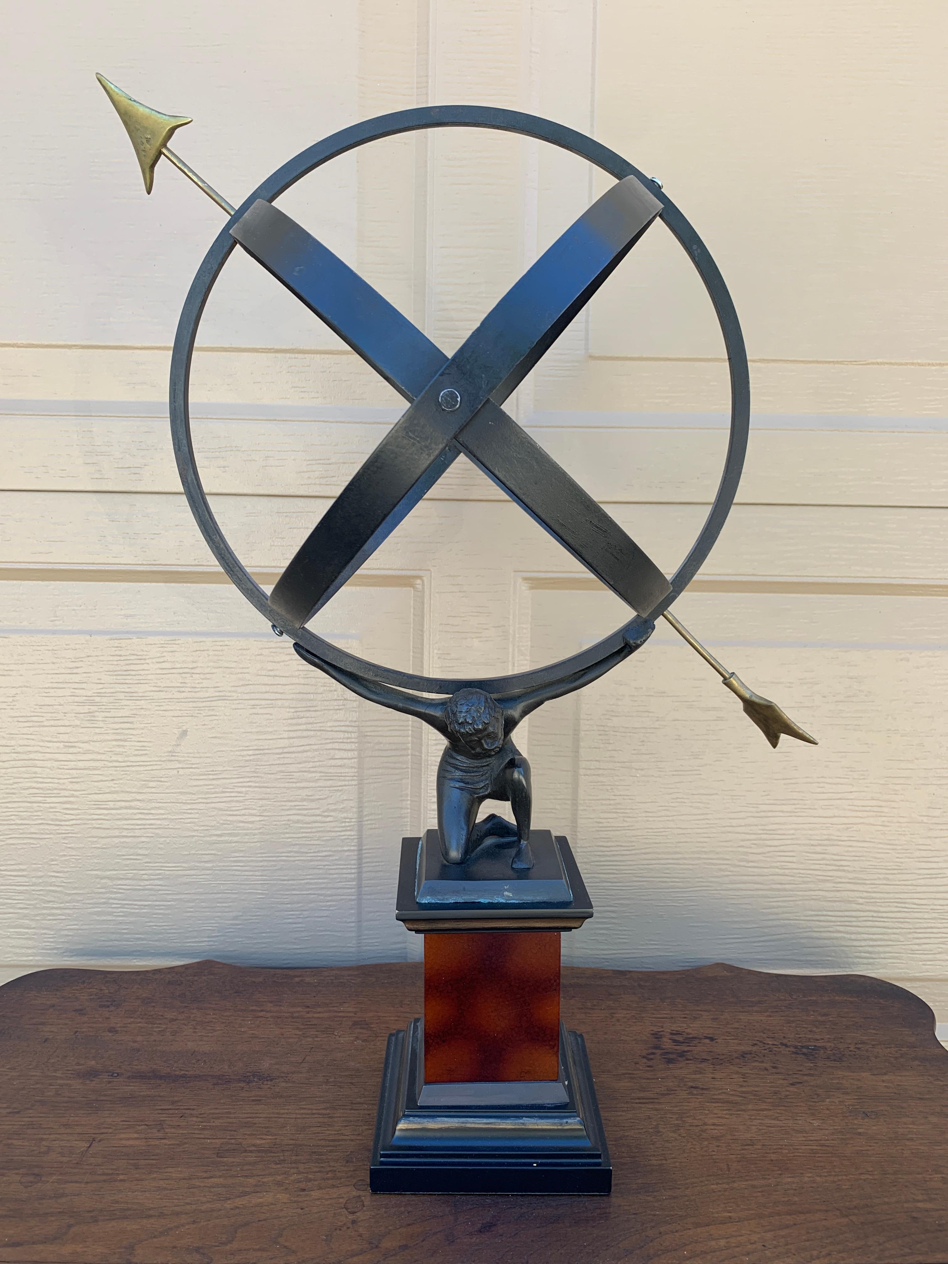 Neoclassical Vintage English Country Iron Garden Armillary Sundial Held by Atlas For Sale