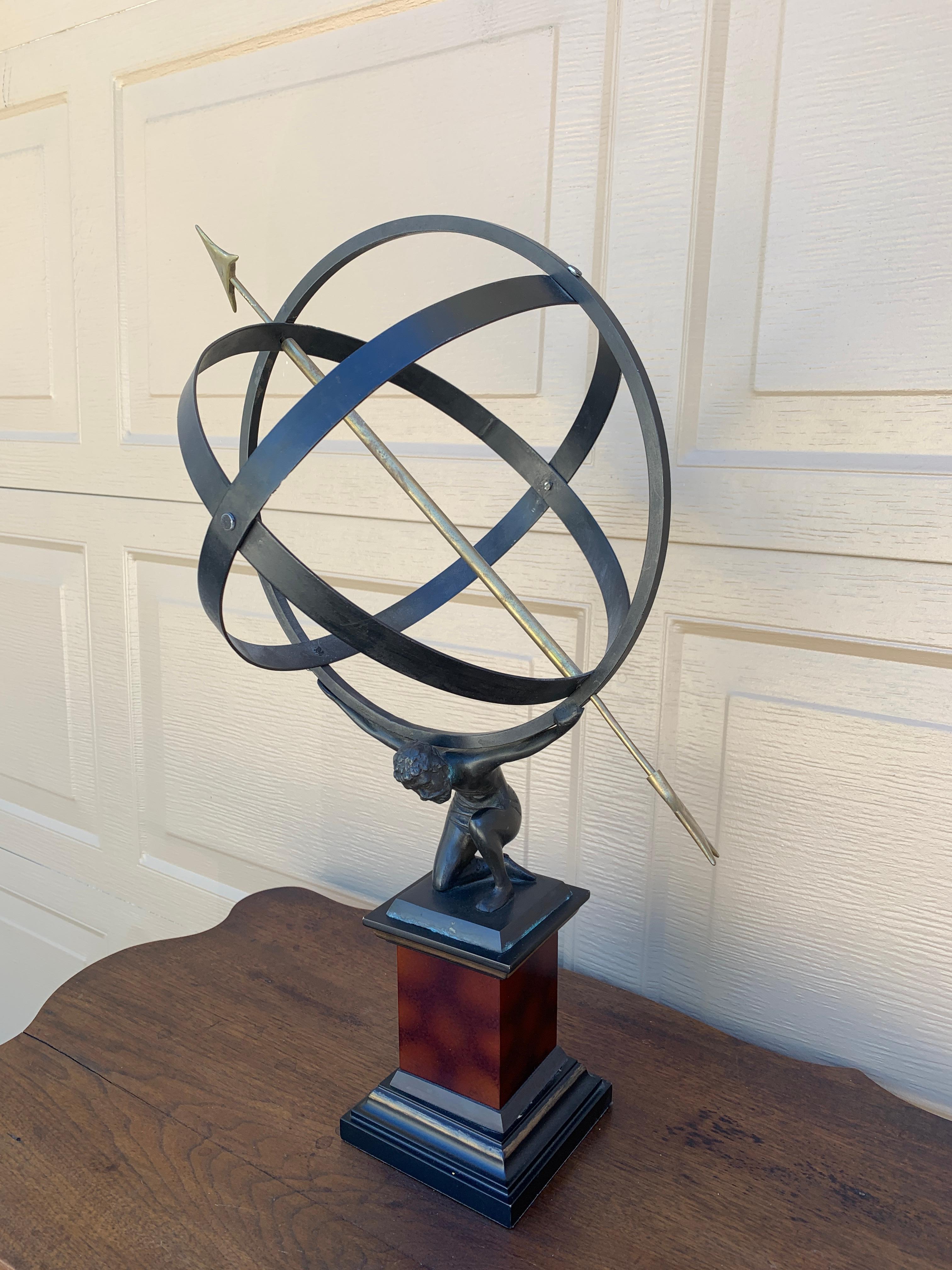 American Vintage English Country Iron Garden Armillary Sundial Held by Atlas For Sale