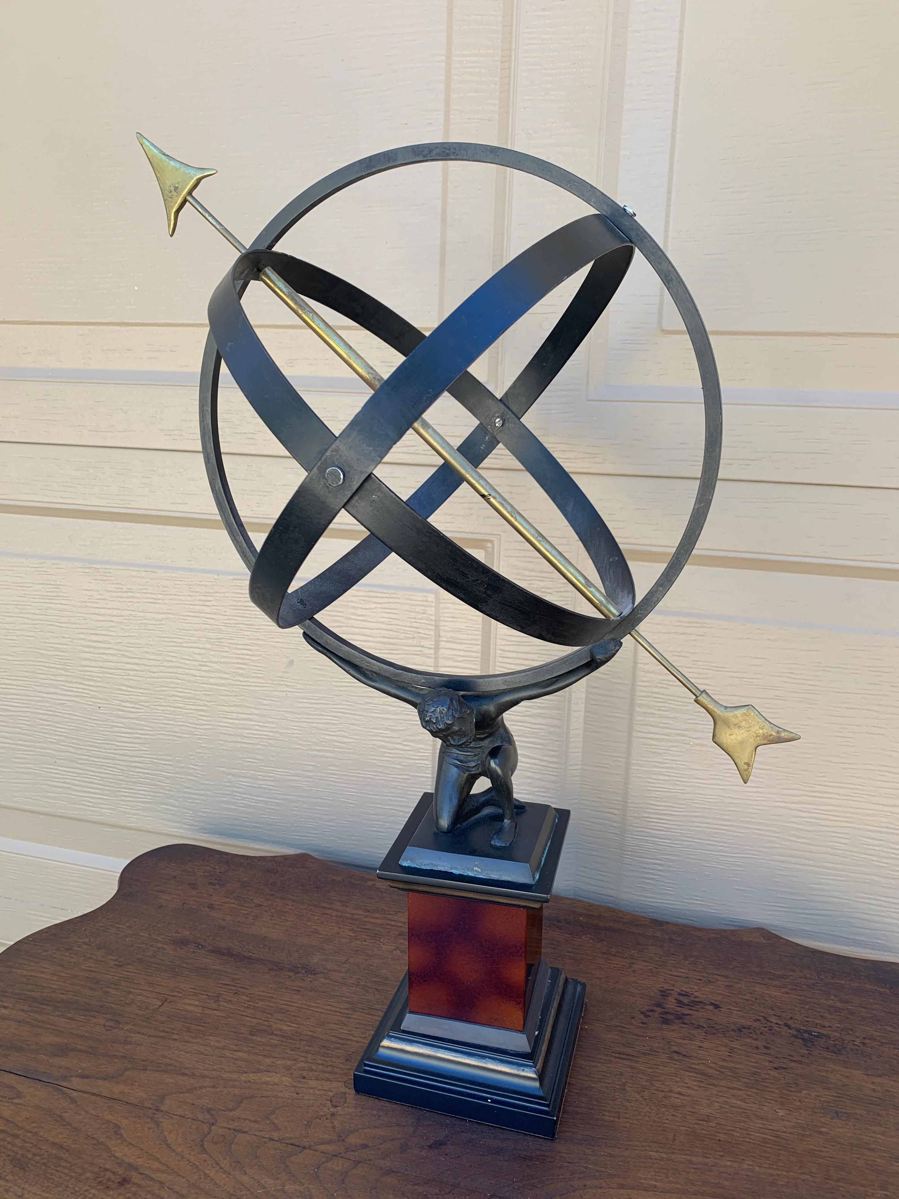 Vintage English Country Iron Garden Armillary Sundial Held by Atlas In Good Condition For Sale In Elkhart, IN