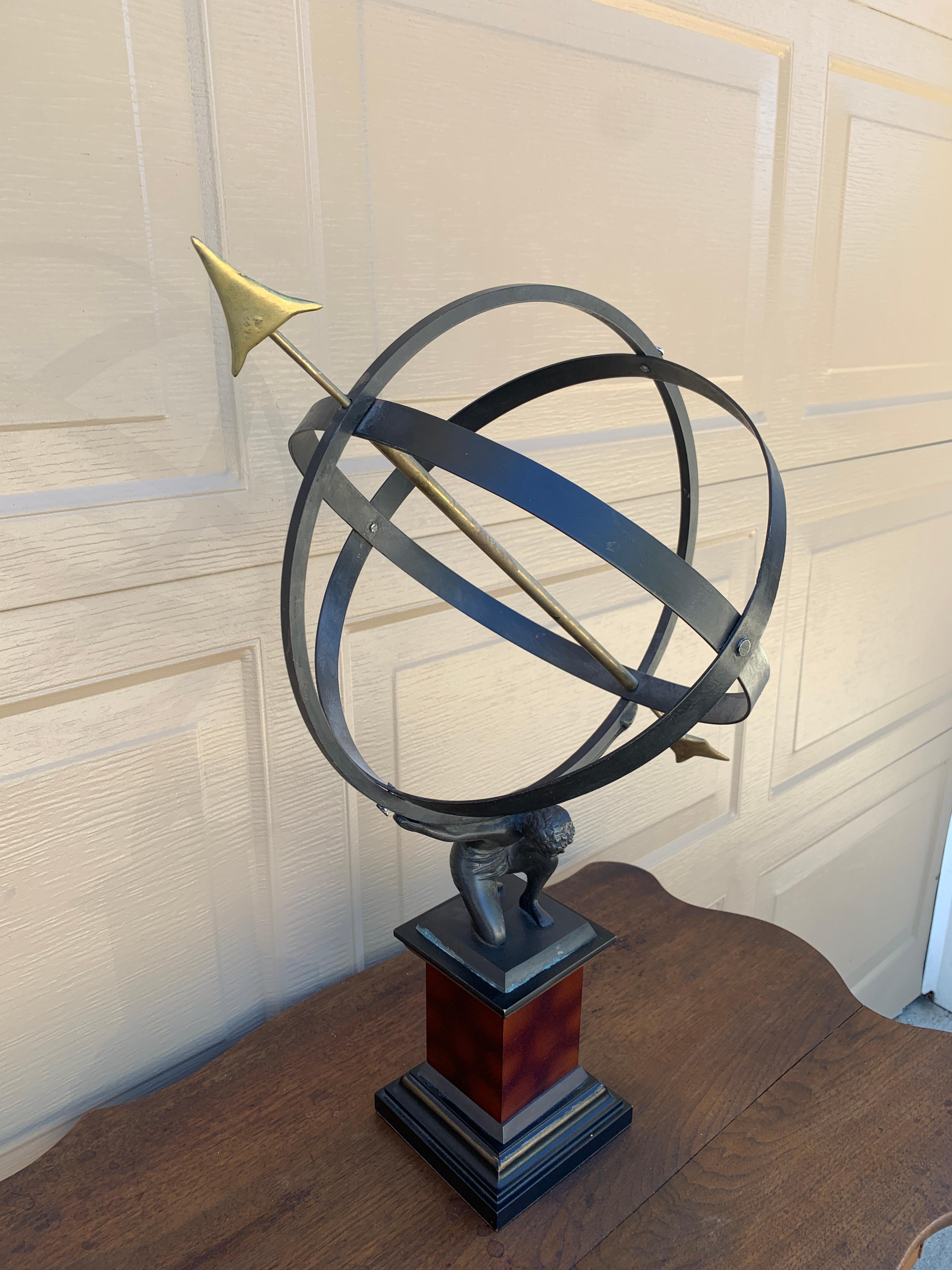 20th Century Vintage English Country Iron Garden Armillary Sundial Held by Atlas For Sale