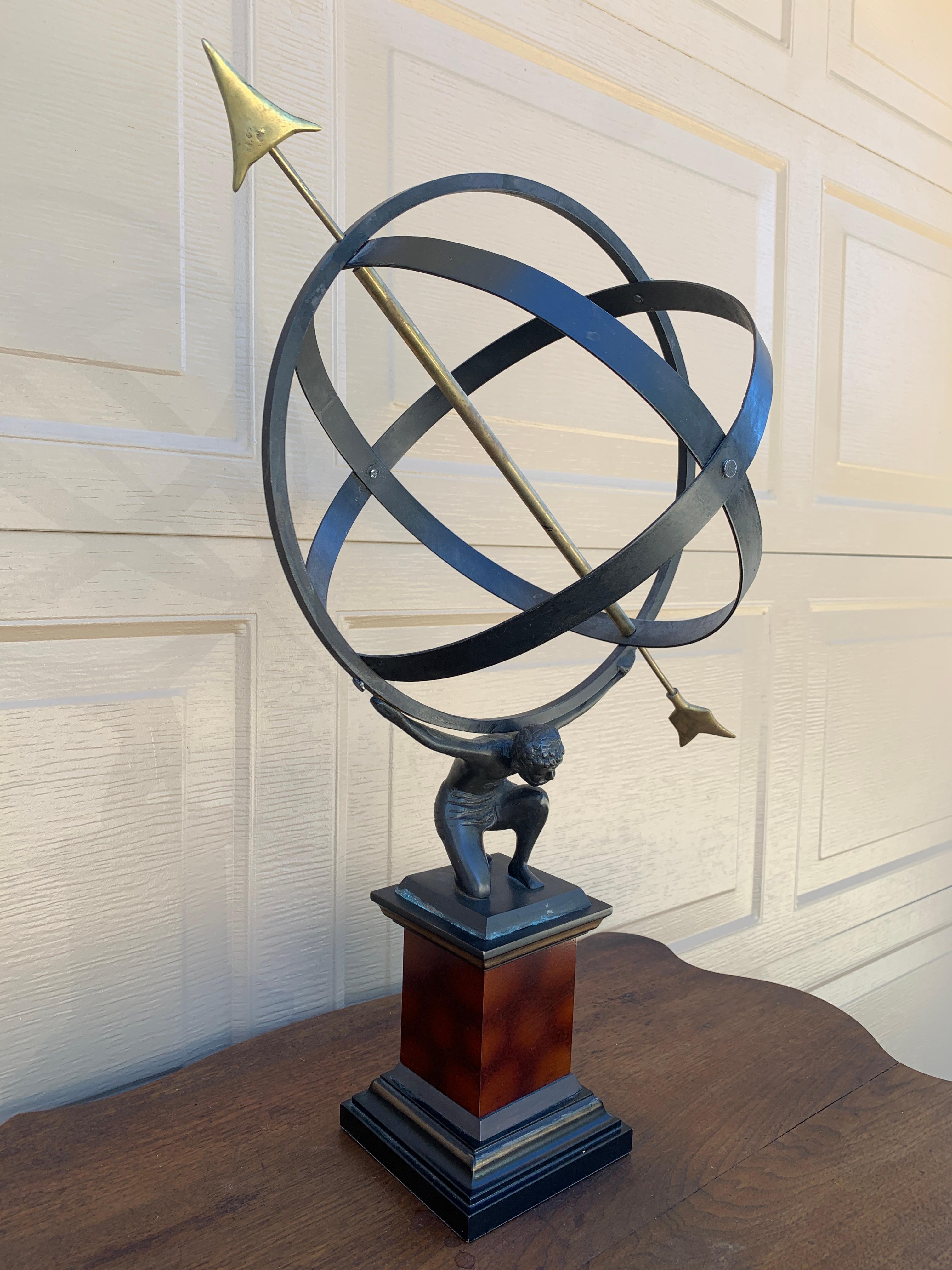 Vintage English Country Iron Garden Armillary Sundial Held by Atlas For Sale 1