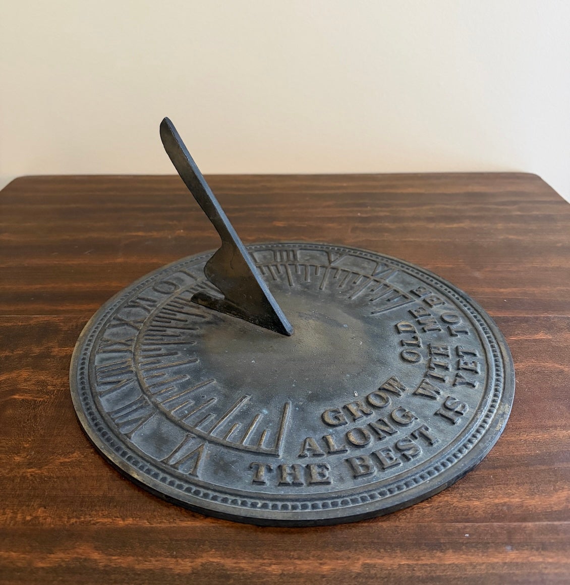 Vintage English Country Iron Garden Sundial "Grow Old Along With Me"