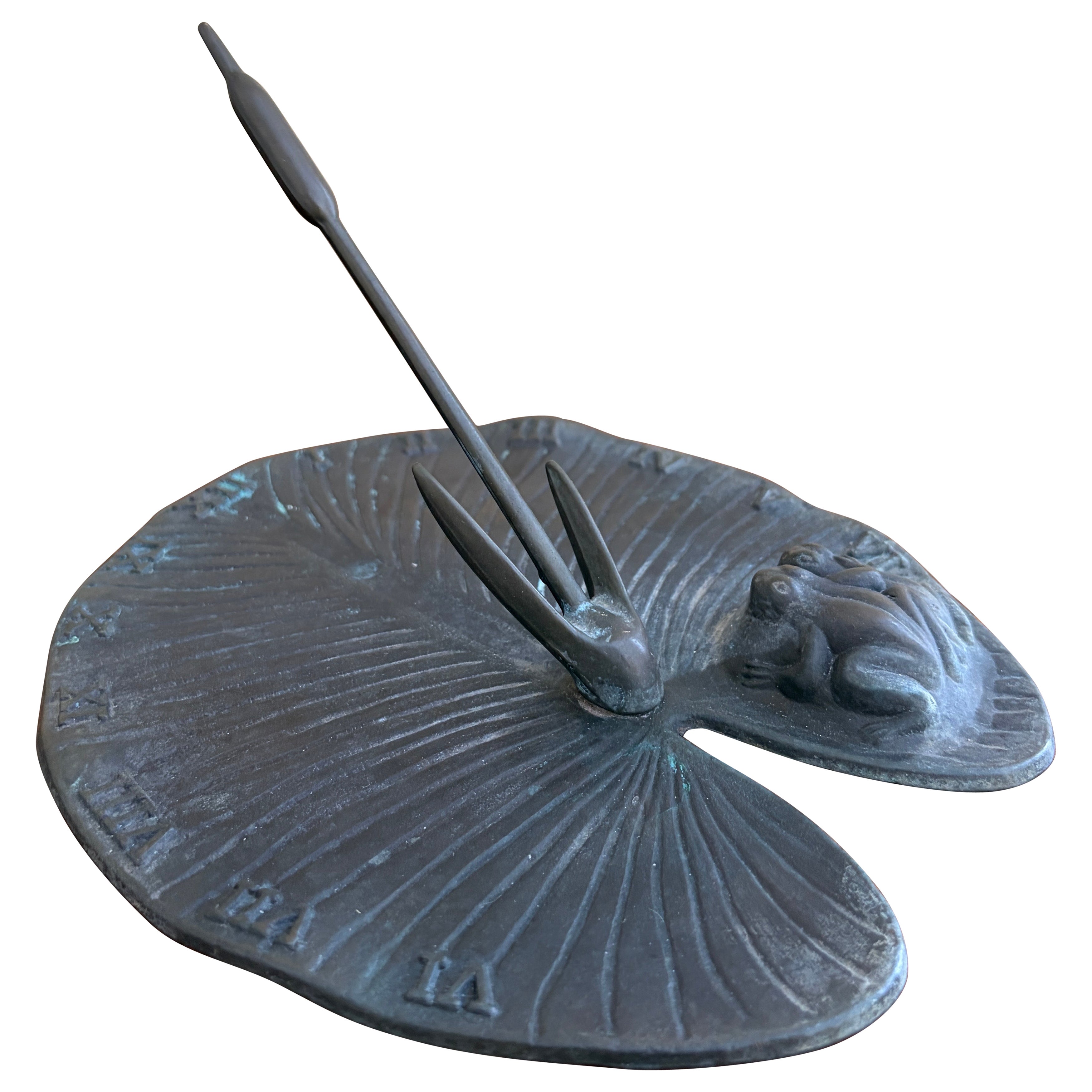 Vintage English Country Iron Garden Sundial with Frogs on a Lily Pad