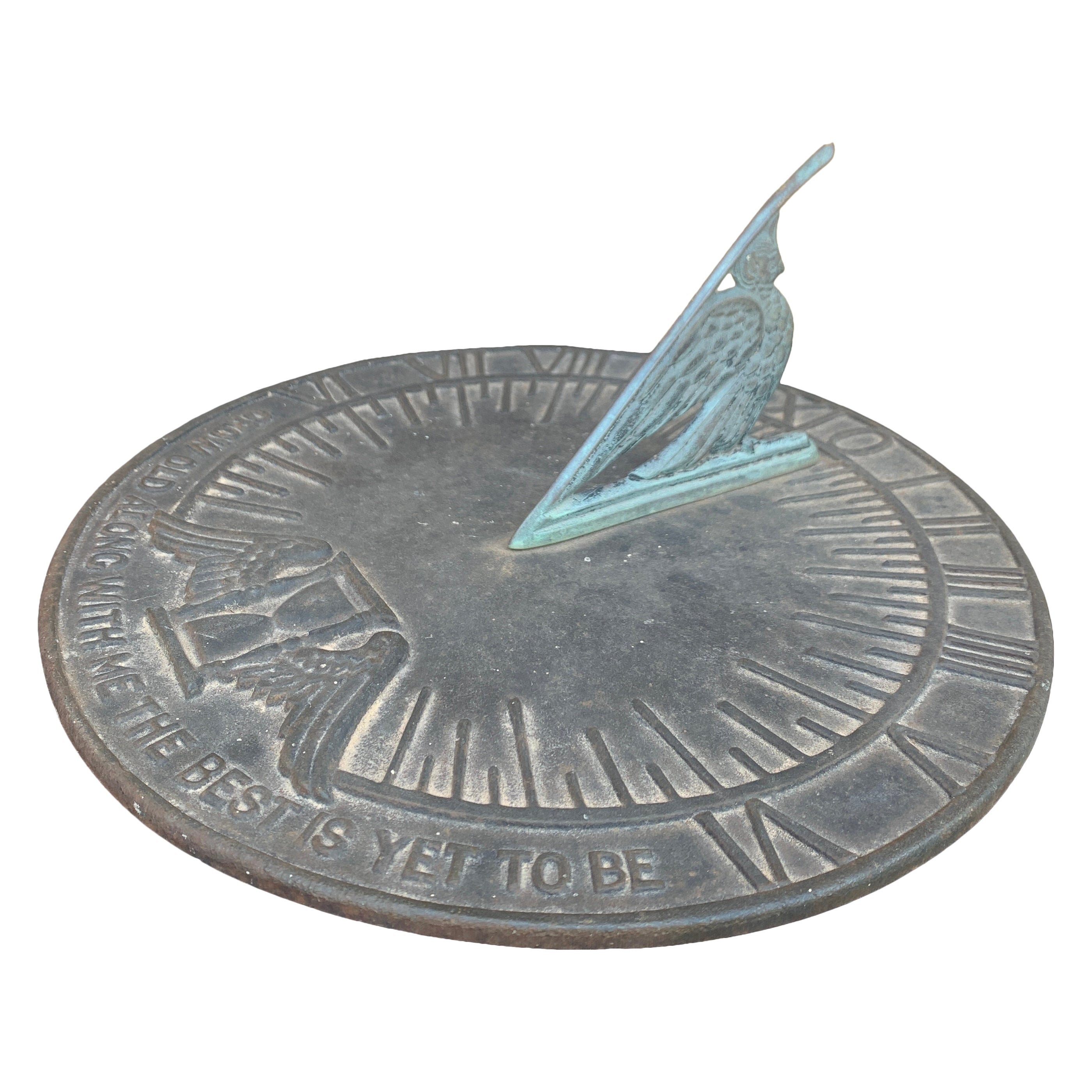 Vintage English Country Iron Verdigris Garden Sundial "Grow Old Along With Me" For Sale