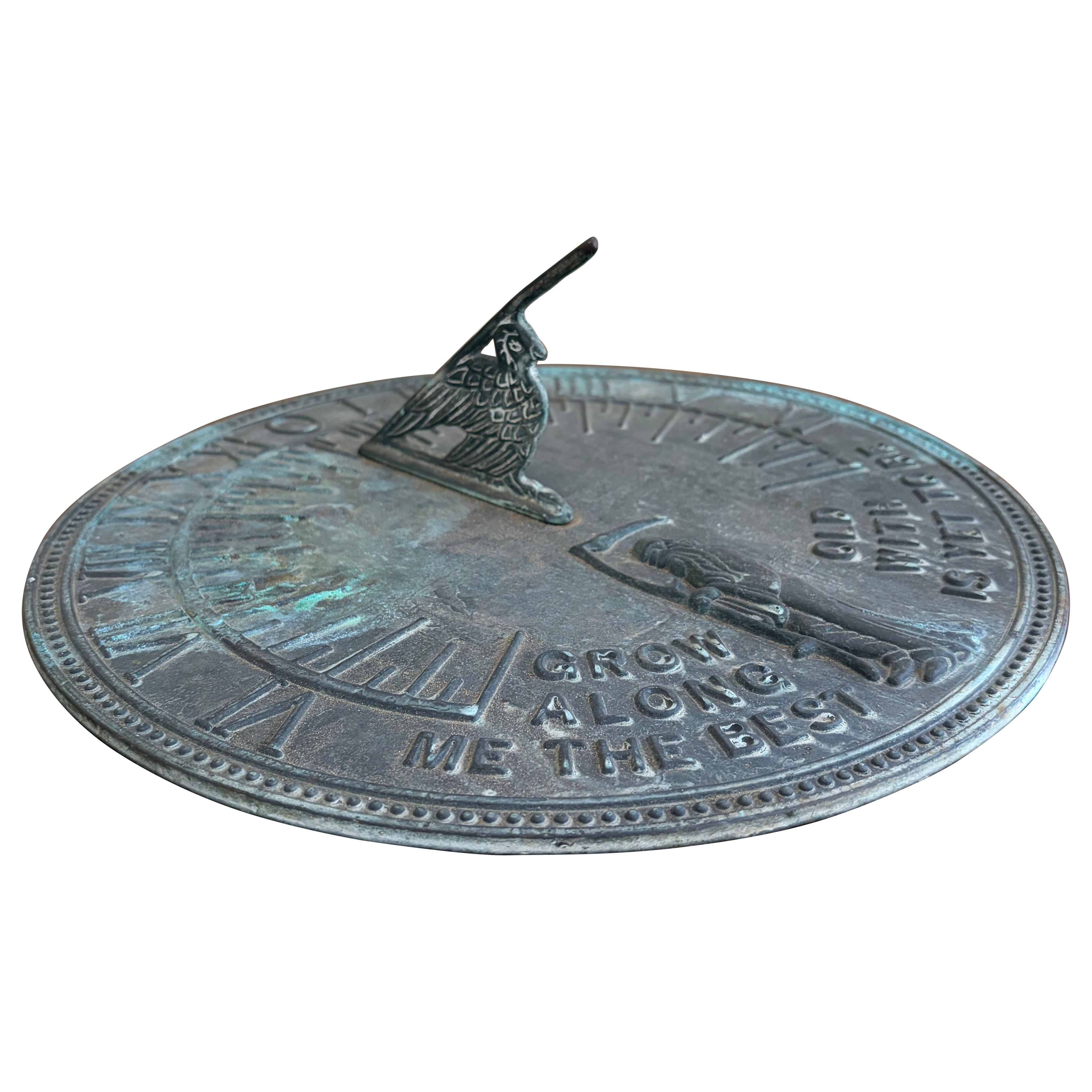 Vintage English Land Eisen Verdigris Garten Sonnenuhr "Grow Old Along With Me" im Angebot