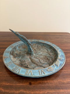 Vintage English Country Iron Verdigris Garden Sundial with Hummingbird