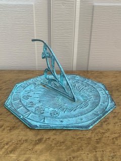 Vintage English Country Iron Verdigris Garden Sundial with Zodiac Signs