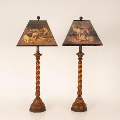 Vintage English Country Style Turned Oak Table Lamps Dogs Hunting Scene - a pair