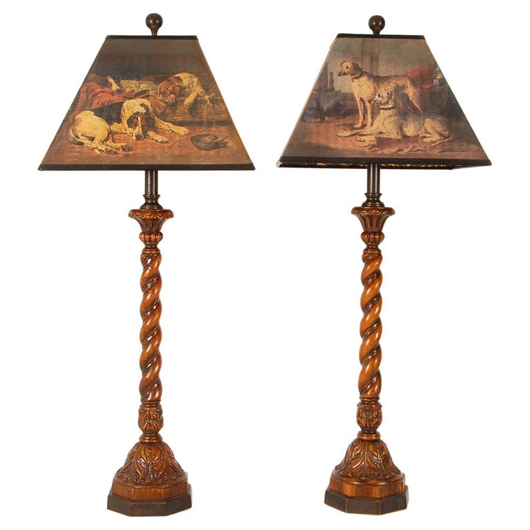 Vintage English Country Style Turned Oak Table Lamps Dogs Hunting Scene ...