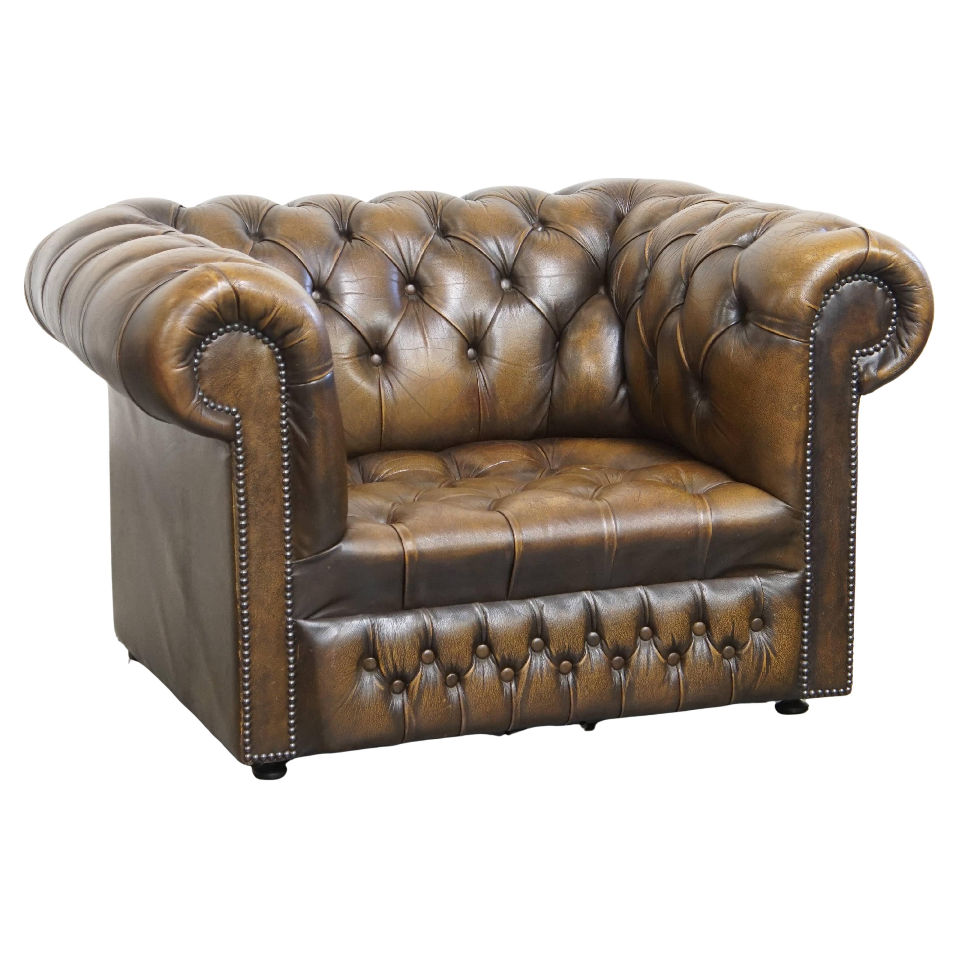 Vintage English Cowhide Leather Chesterfield Button Seat Armchair