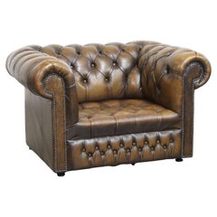 Vintage English Cowhide Leather Chesterfield Button Seat Armchair