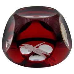 Vintage English Crystal Red Overlay Paperweight with Dragonfly in Original Box