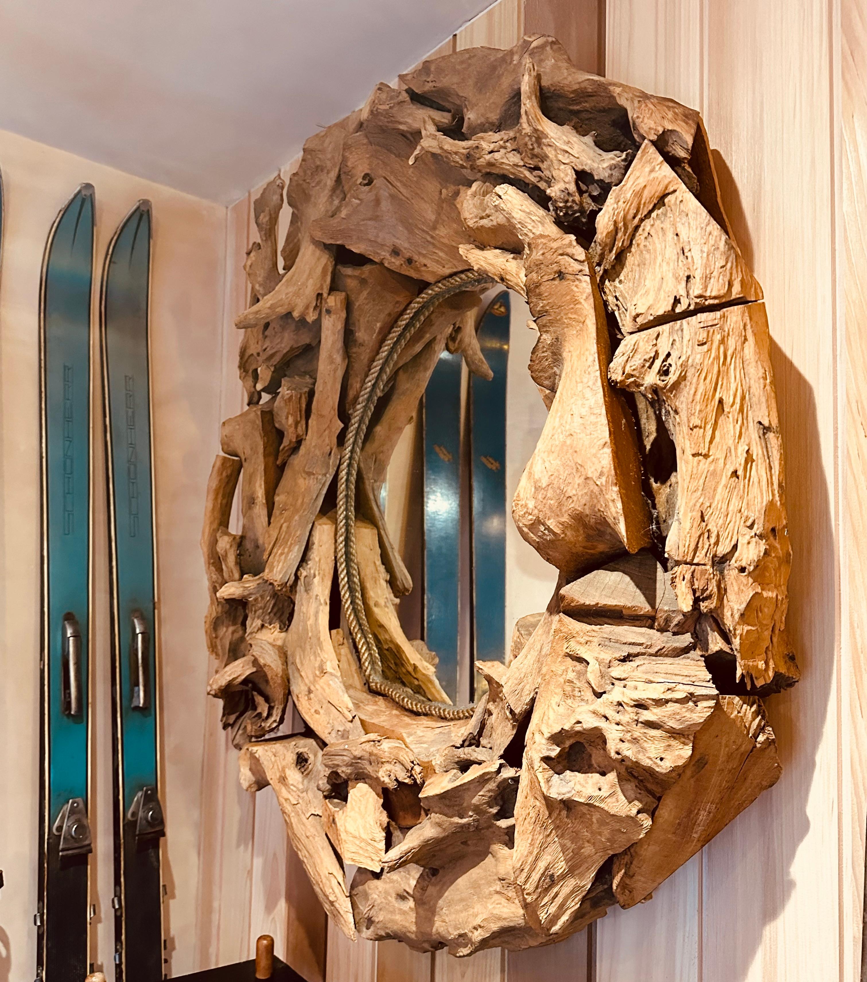 Vintage English Driftwood Roots & Rope Circular Rustic Handmade Wall Mirror (Englisch) im Angebot