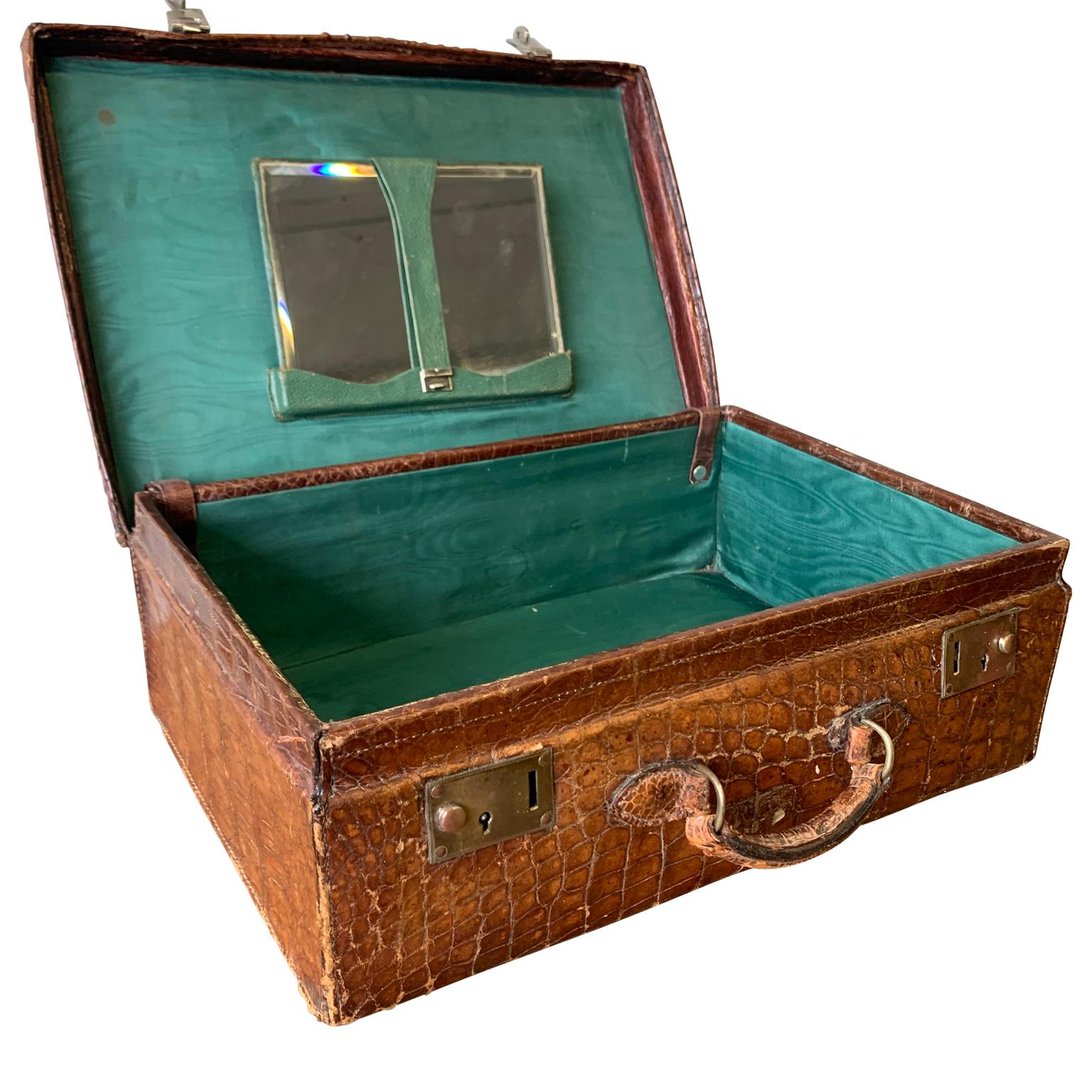 20th Century Vintage English Edwardian Crocodile Suitcase With Bevelled Vanity Mirror