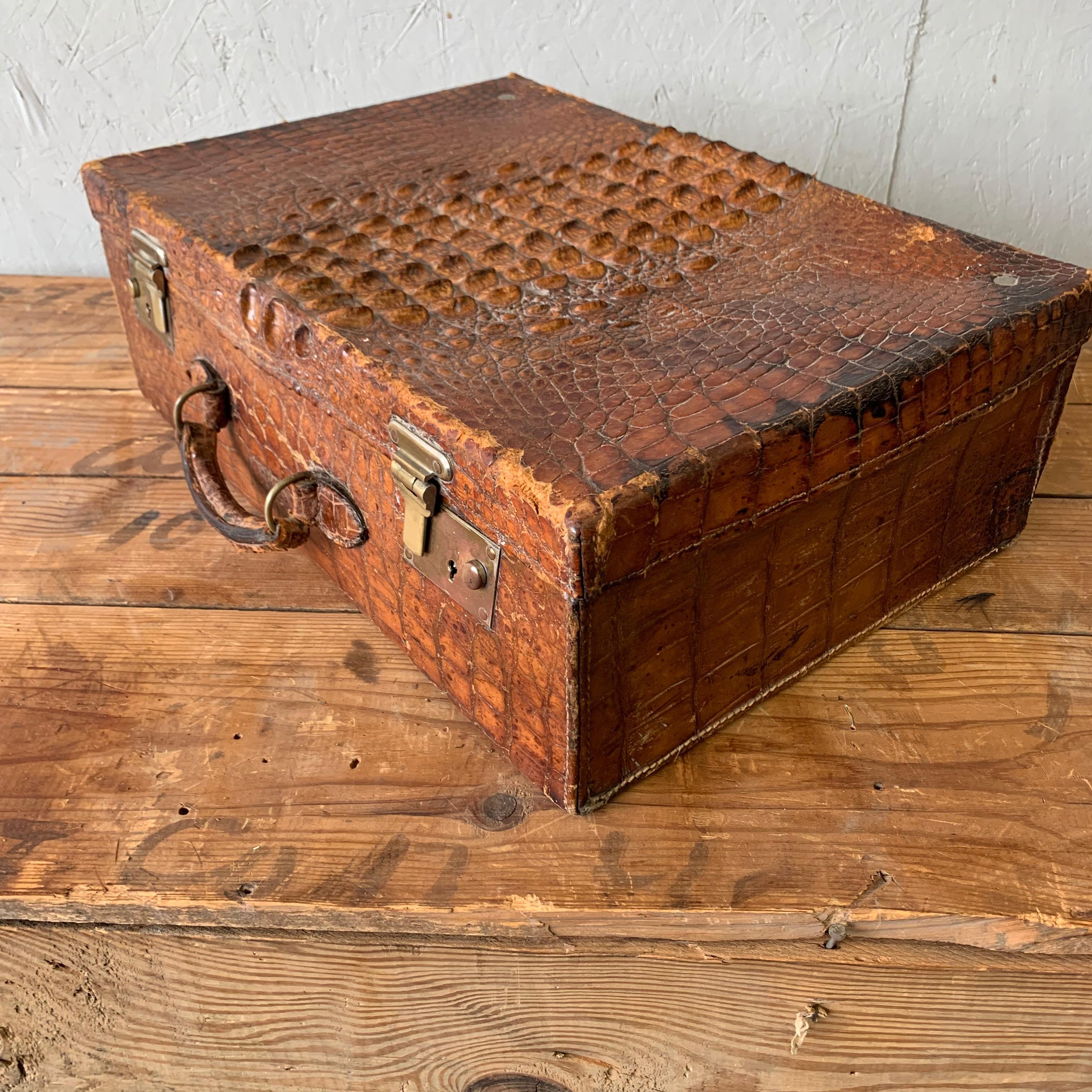 Brass Vintage English Edwardian Crocodile Suitcase With Bevelled Vanity Mirror