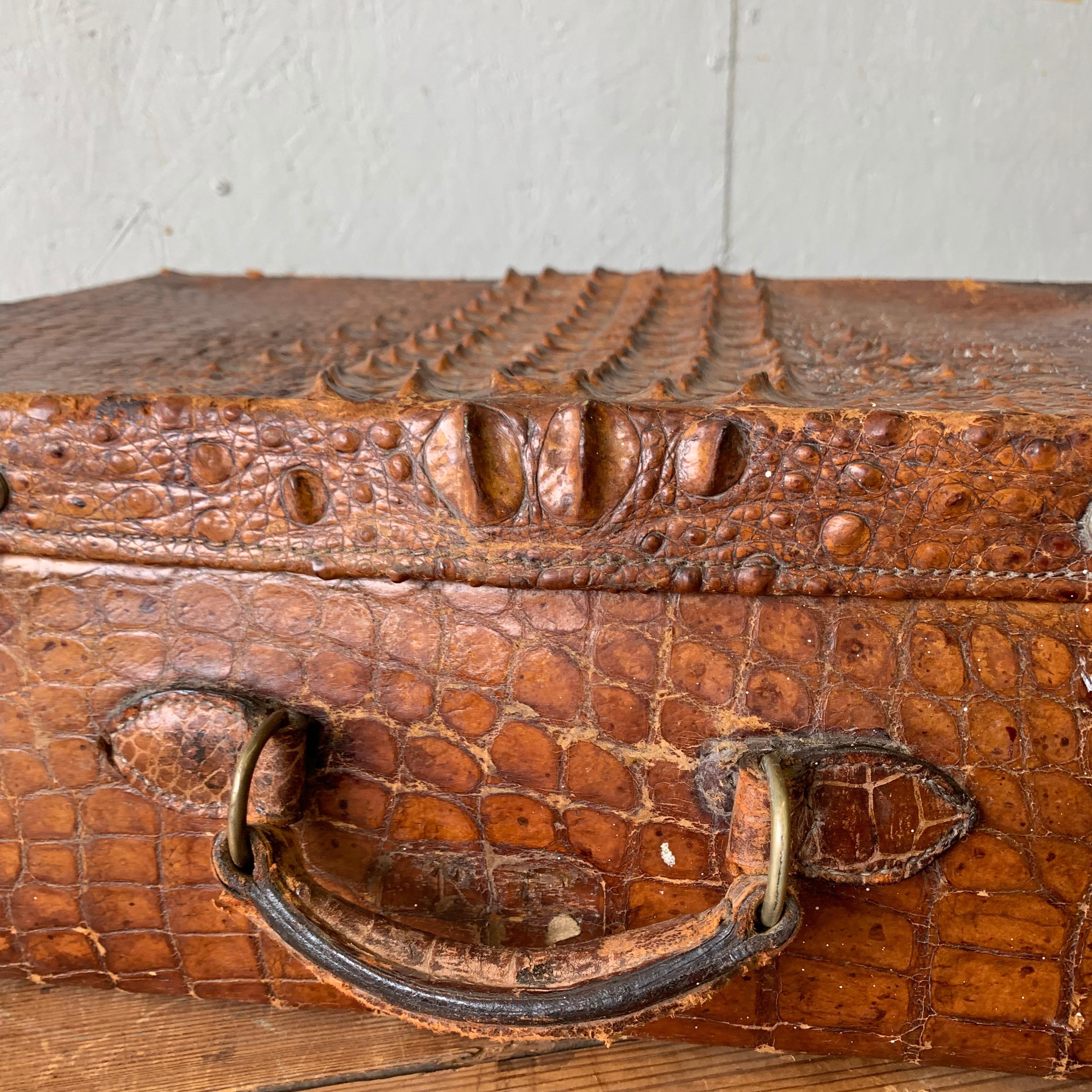 Vintage English Edwardian Crocodile Suitcase With Bevelled Vanity Mirror 1