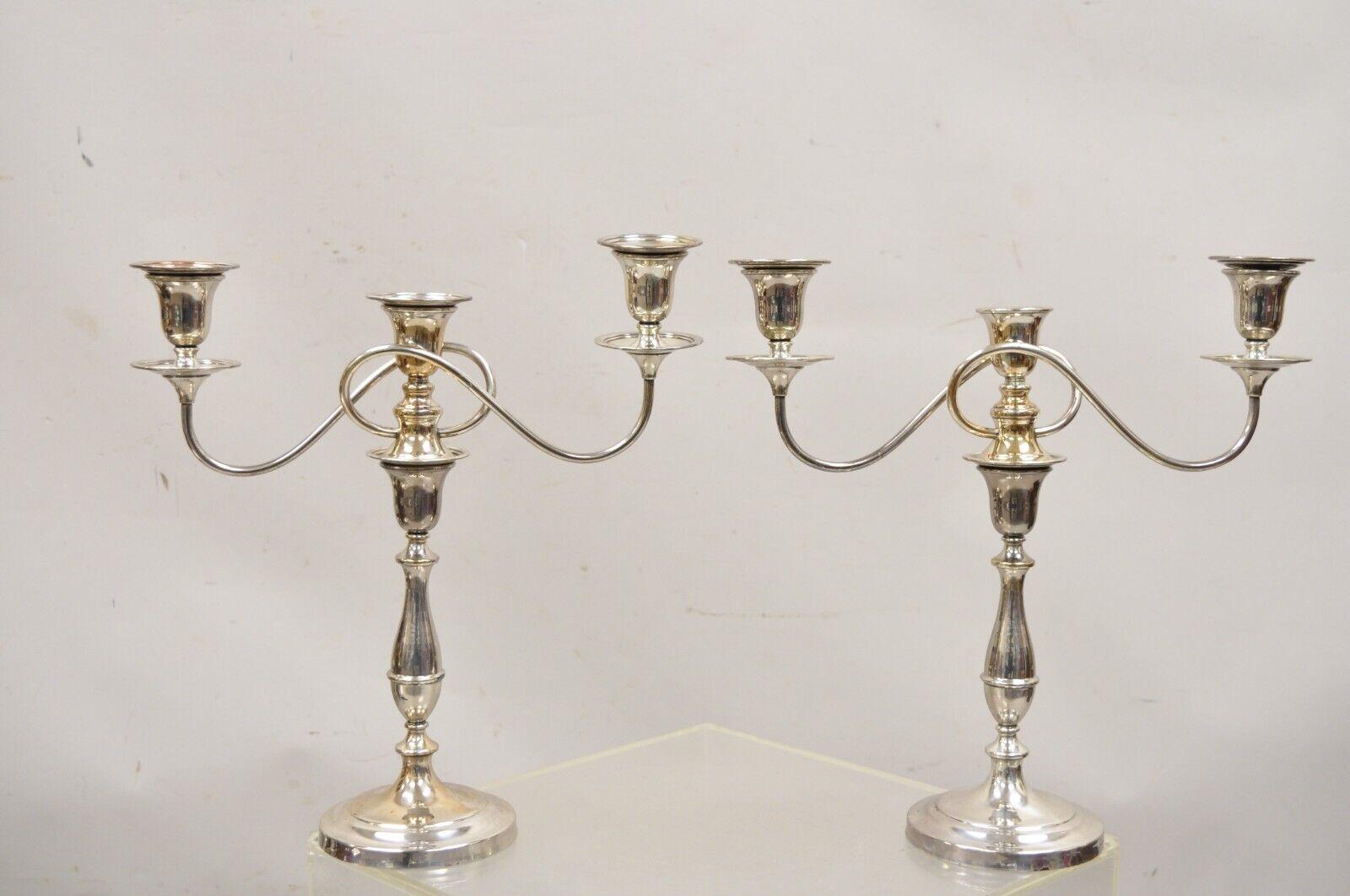Vintage English Edwardian Style Silver Plated Scrolling Twin Arm Candelabras - Pair. Item features 3 candle holders each, stamped 