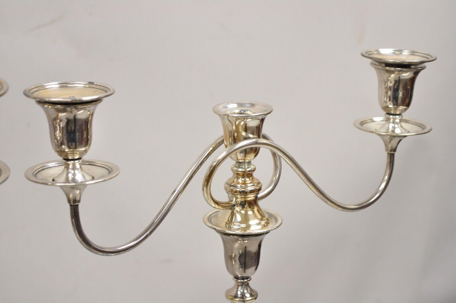 Vintage English Edwardian Silver Plated Scrolling Twin Arm Candelabra - Pair In Good Condition For Sale In Philadelphia, PA
