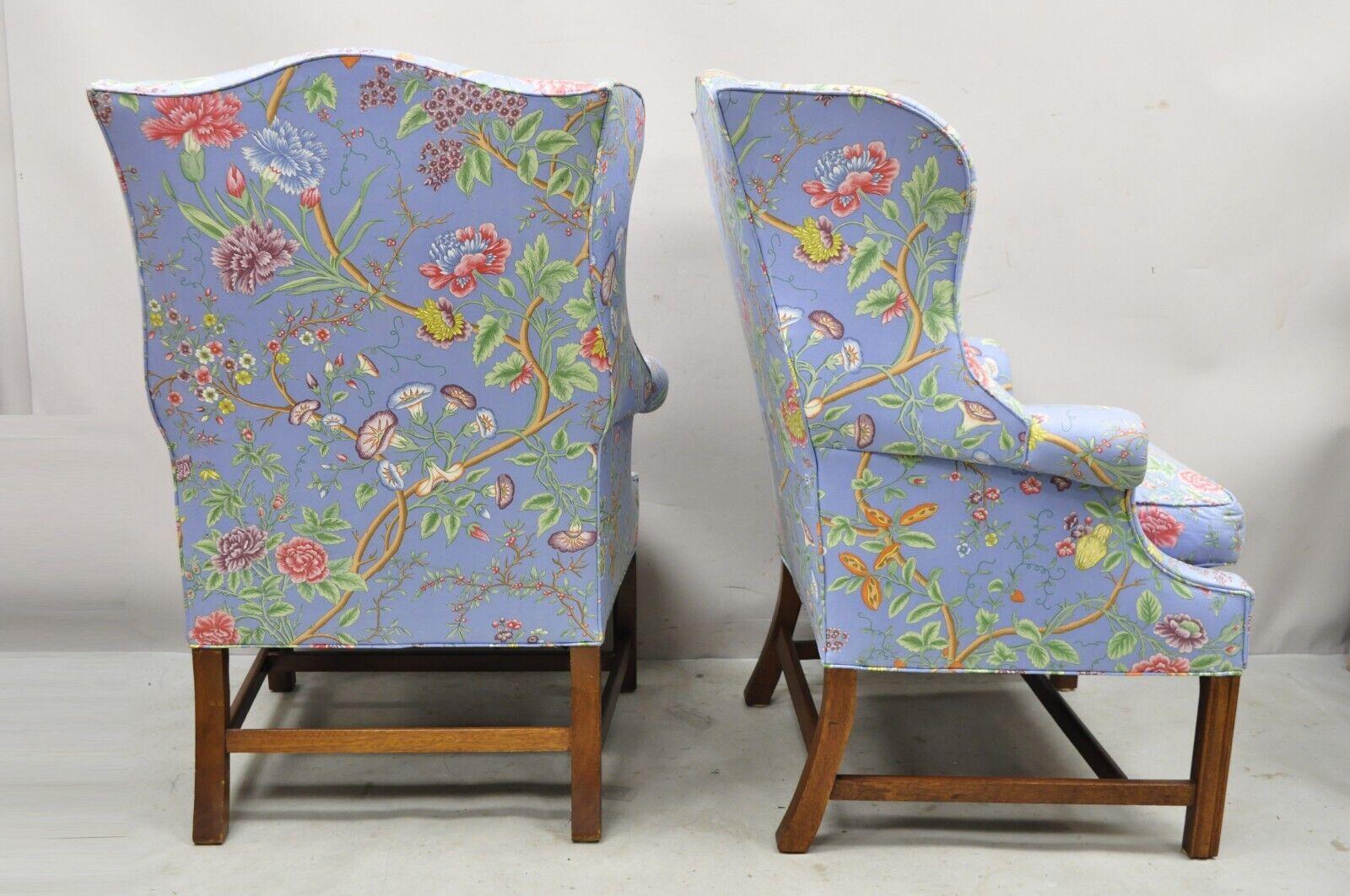 Vintage English Edwardian Style Mahogany Blue Floral Wingback Chairs, Pair For Sale 2