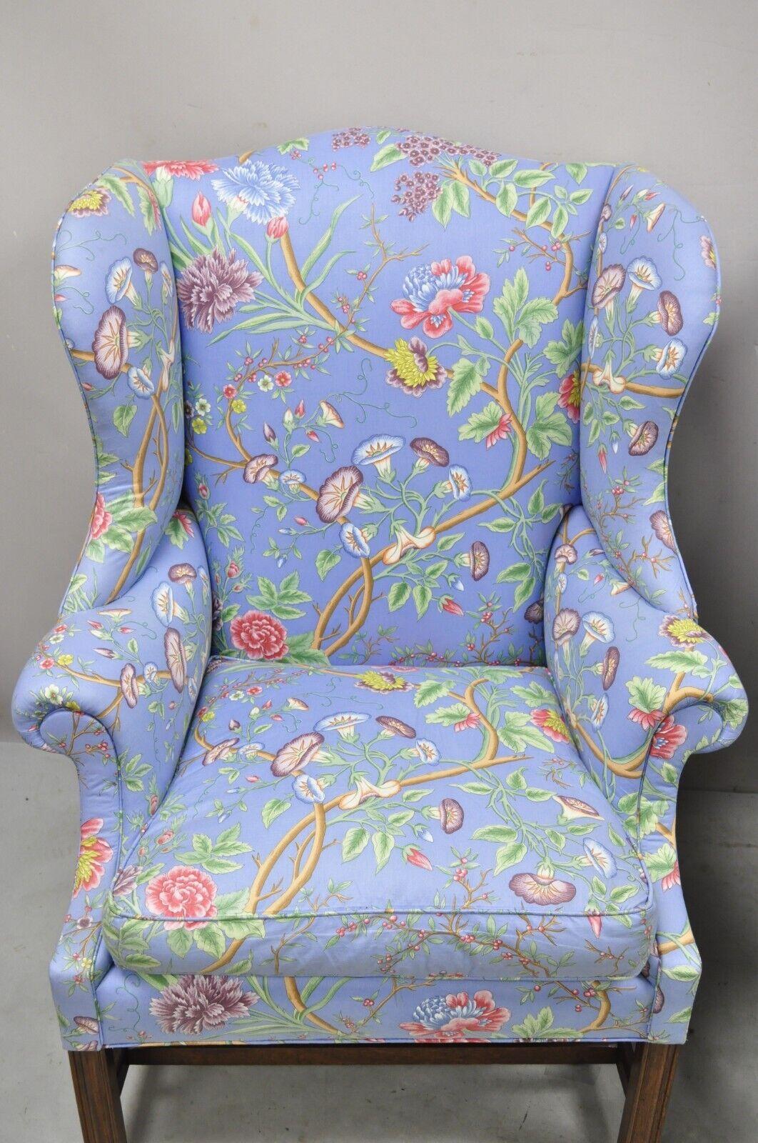 Vintage English Edwardian Style Mahogany Blue Floral Wingback Chairs, Pair For Sale 4