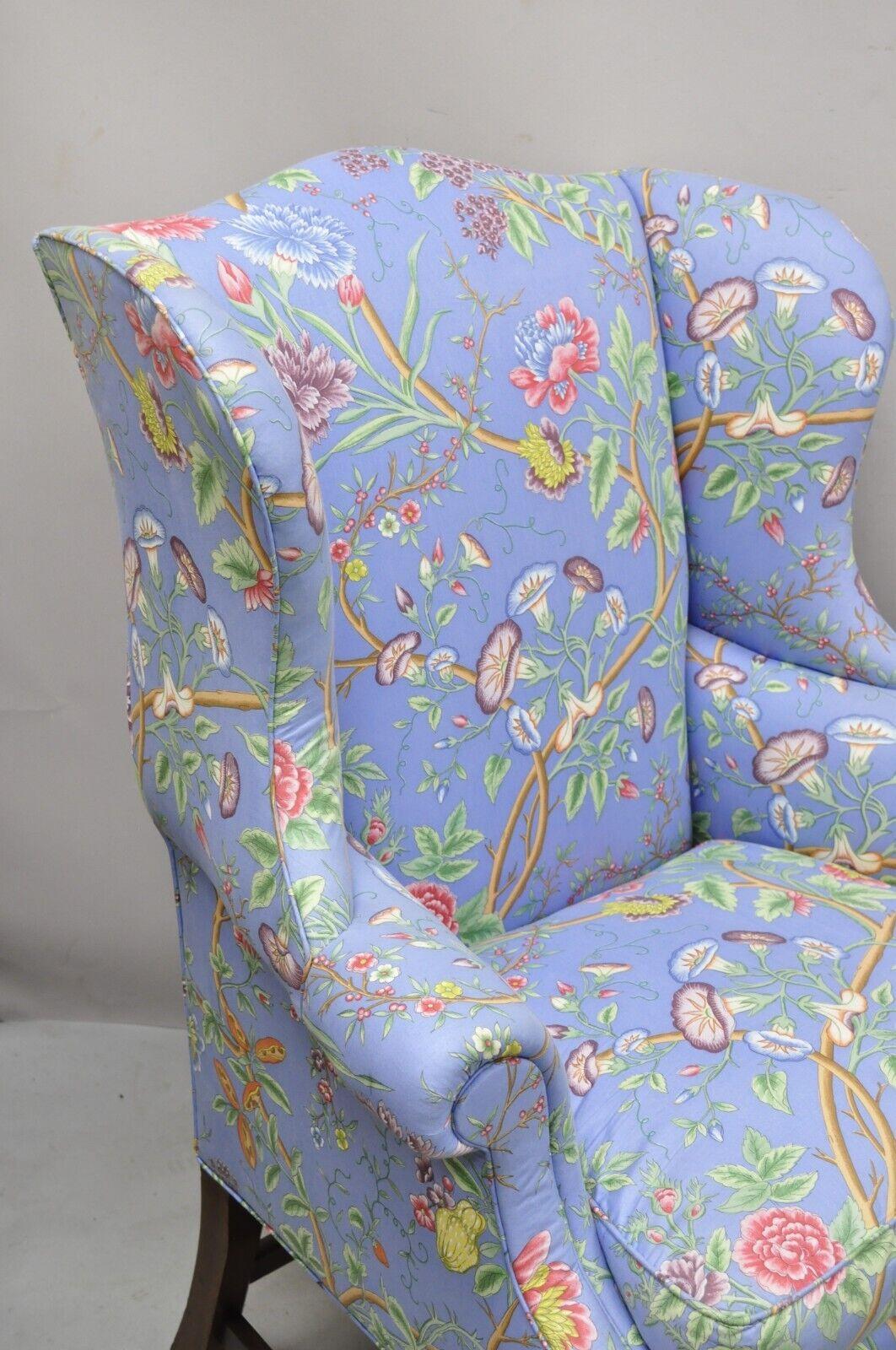 Georgian Vintage English Edwardian Style Mahogany Blue Floral Wingback Chairs, Pair For Sale