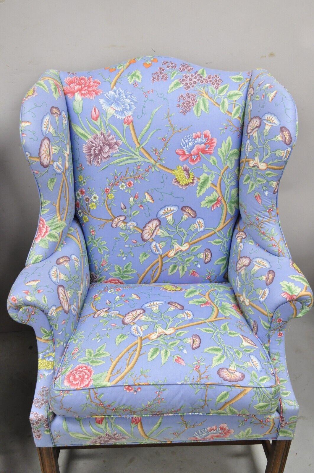 Vintage English Edwardian Style Mahogany Blue Floral Wingback Chairs, Pair In Good Condition For Sale In Philadelphia, PA