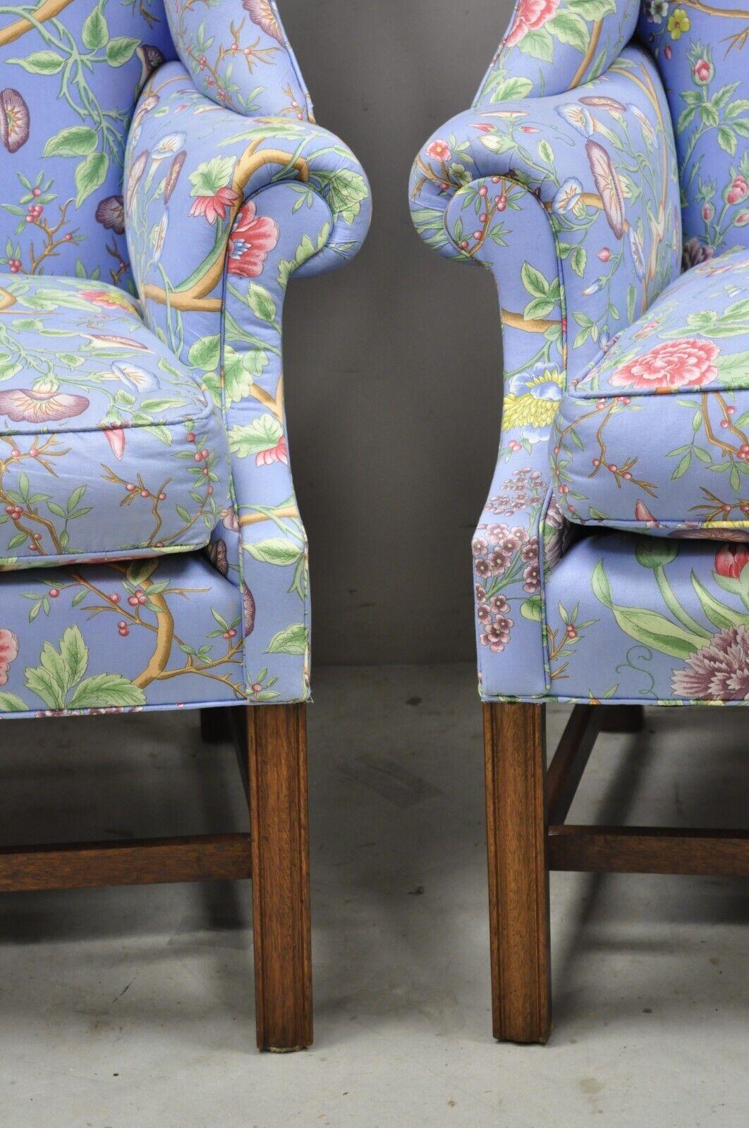 Fabric Vintage English Edwardian Style Mahogany Blue Floral Wingback Chairs, Pair For Sale
