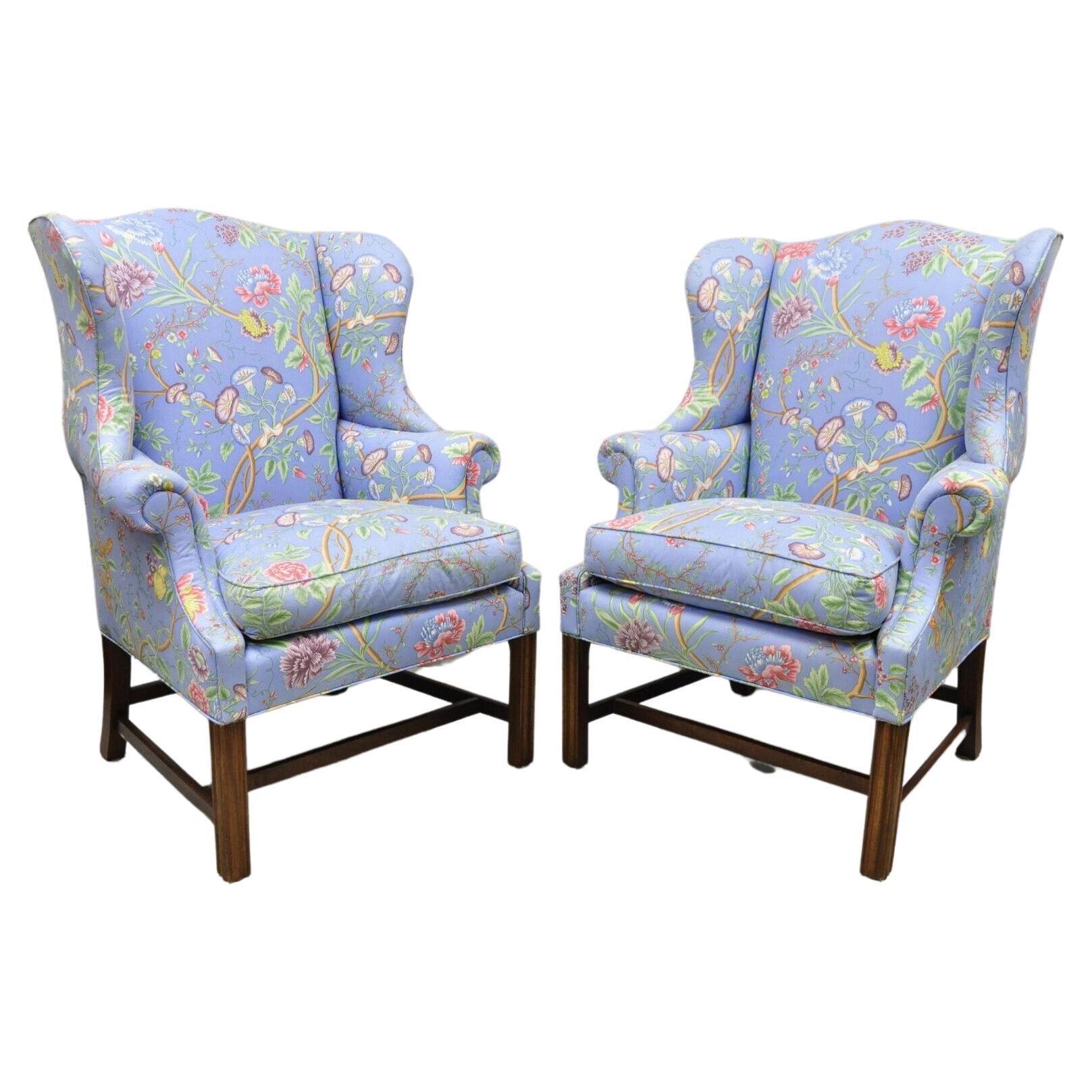 Vintage English Edwardian Style Mahogany Blue Floral Wingback Chairs, Pair For Sale