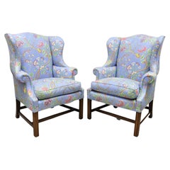 Retro English Edwardian Style Mahogany Blue Floral Wingback Chairs, Pair